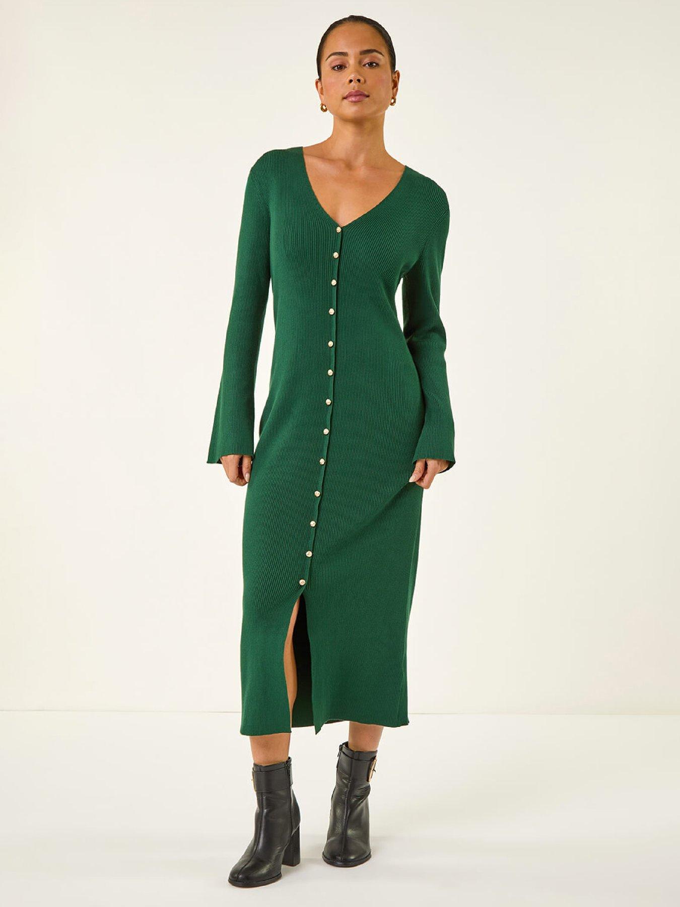 Roman Petite Knitted Button Detail Midi Dress - Forest