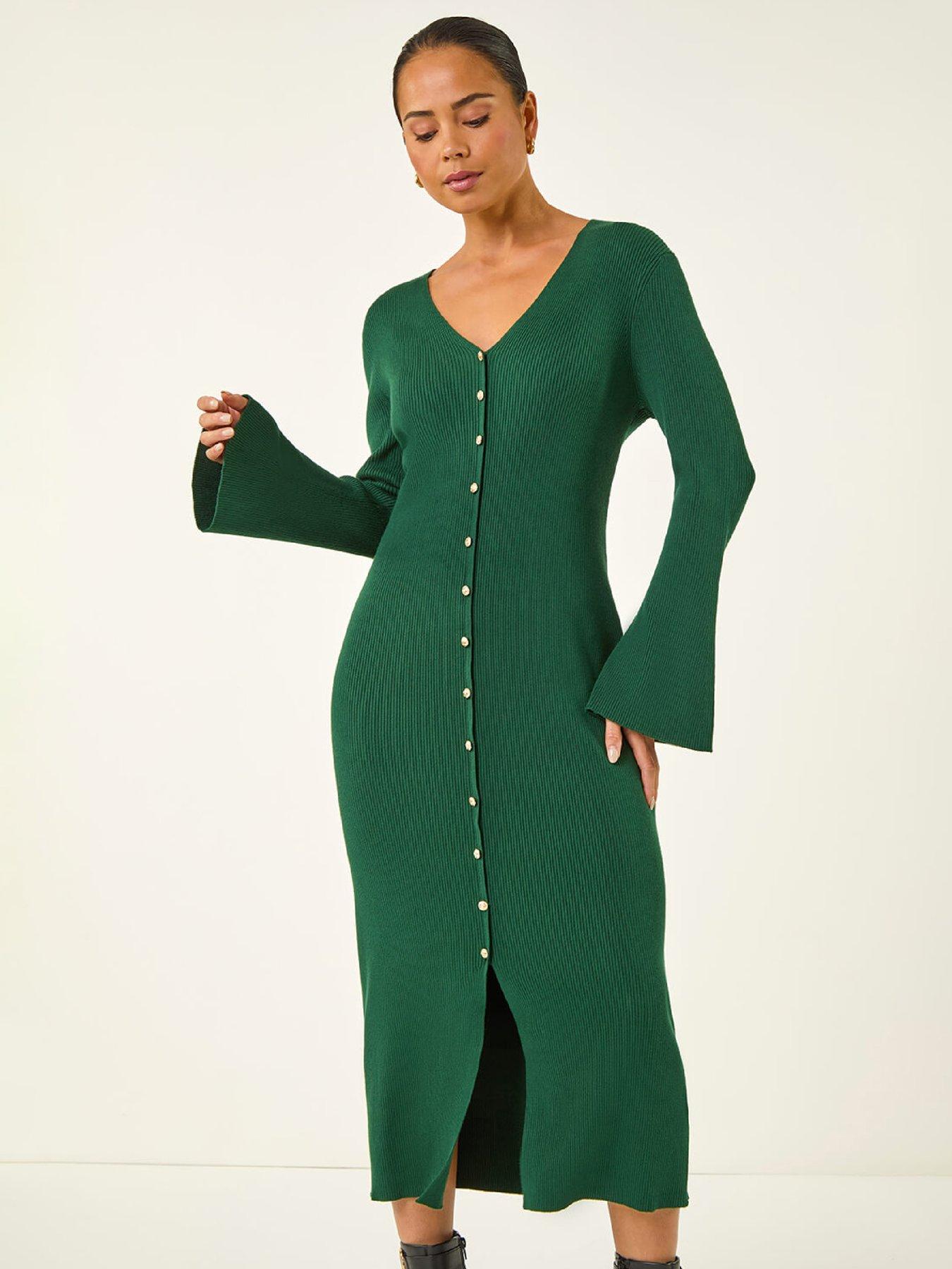Roman Petite Knitted Button Detail Midi Dress - Forest | Very