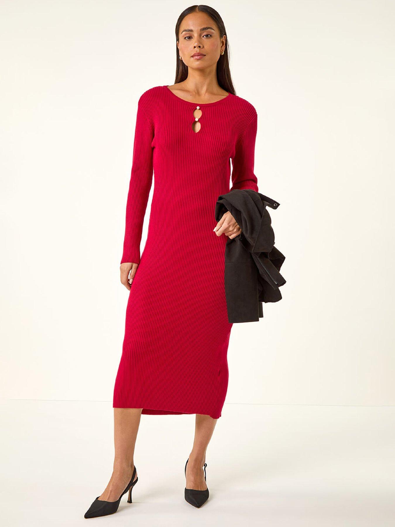 Roman Petite Faux Pearl Knitted Midi Dress - Red