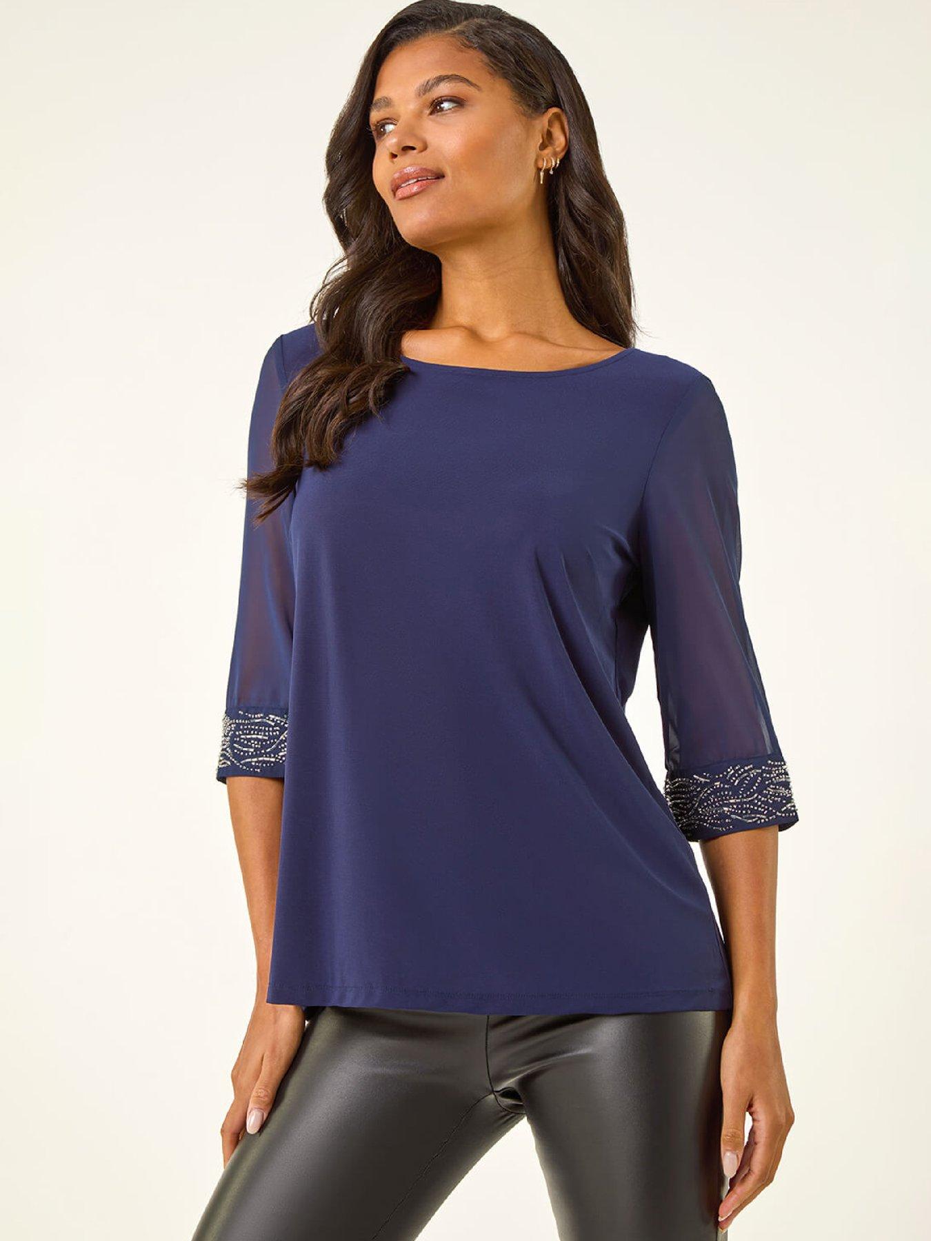 Roman Embellished Cuff Chiffon Top - Midnight Blue