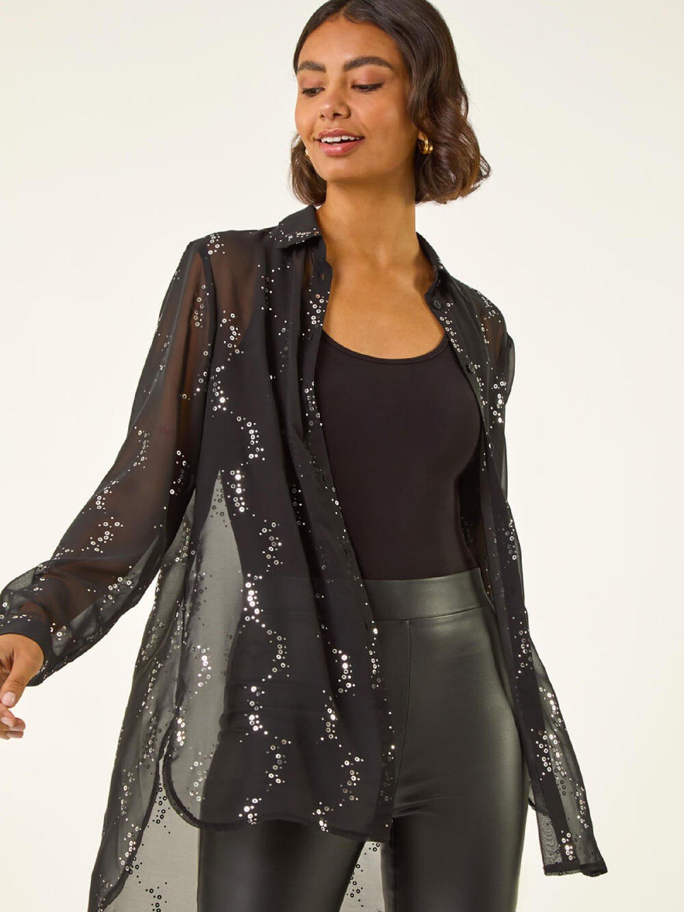 Roman Spot Foil Print Longline Shirt - Black