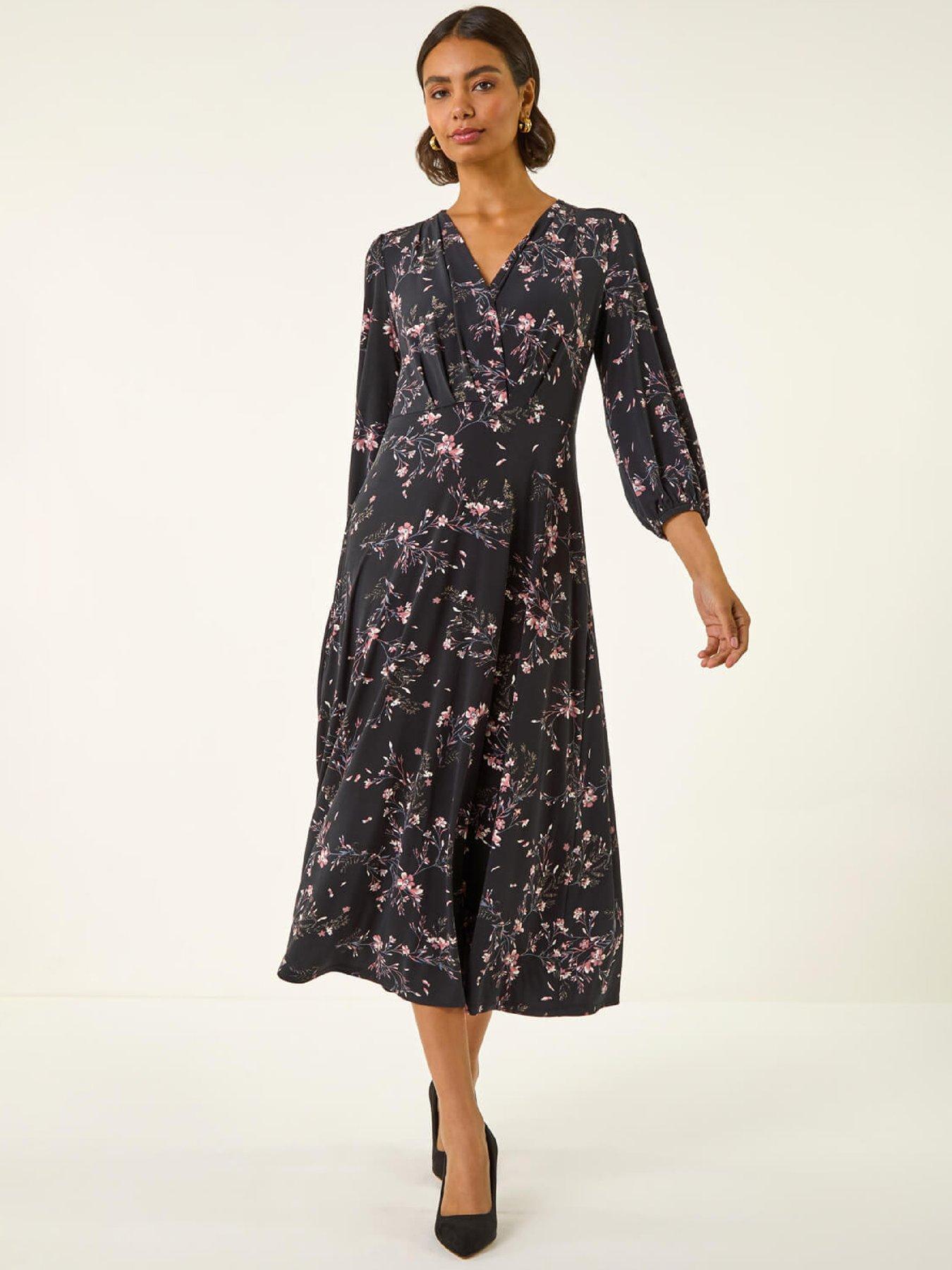 Roman Floral Print Stretch Midi Dress - Pink