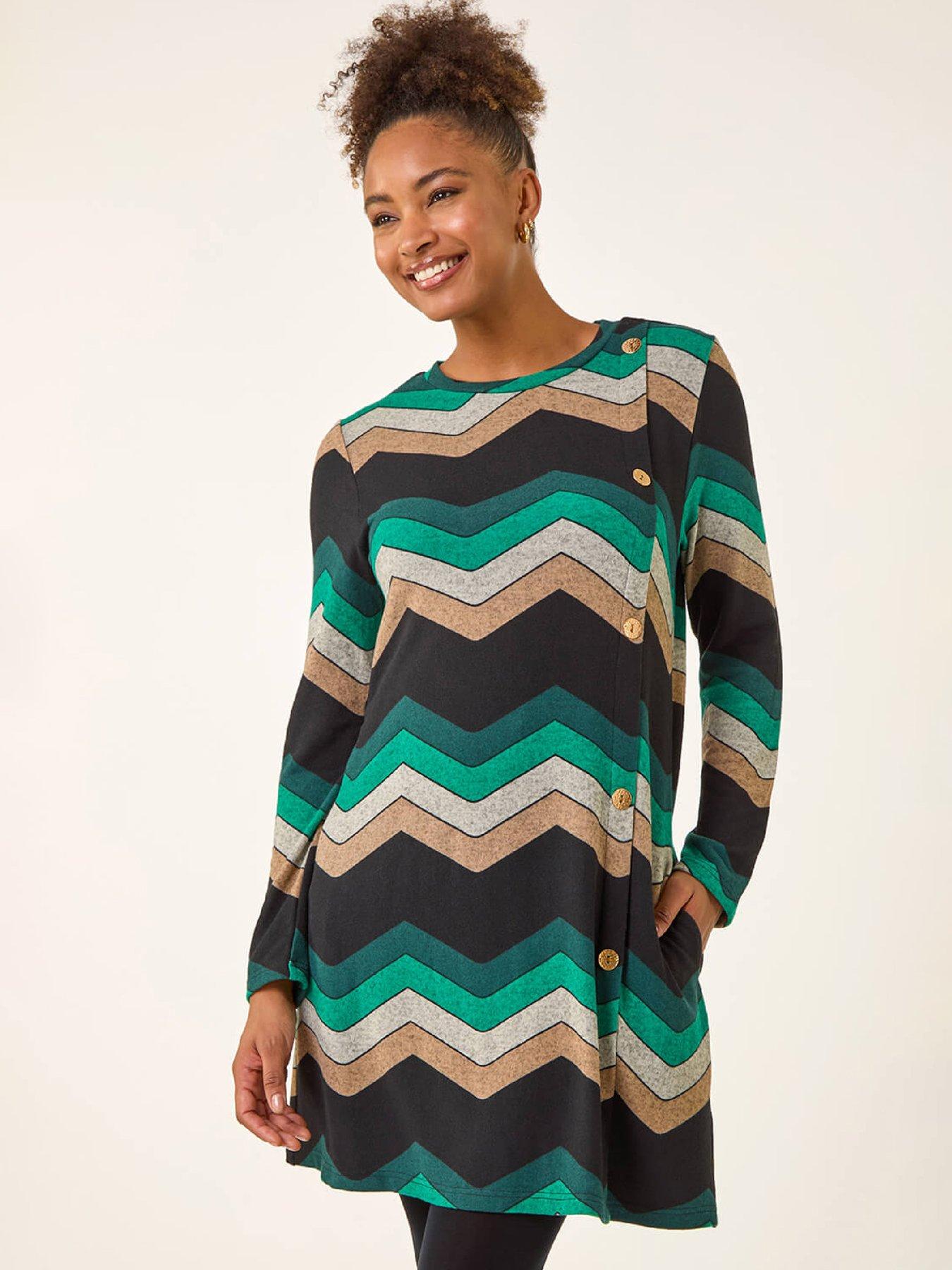 Roman Zig Zag Side Button Dress, Green, Size 14, Women