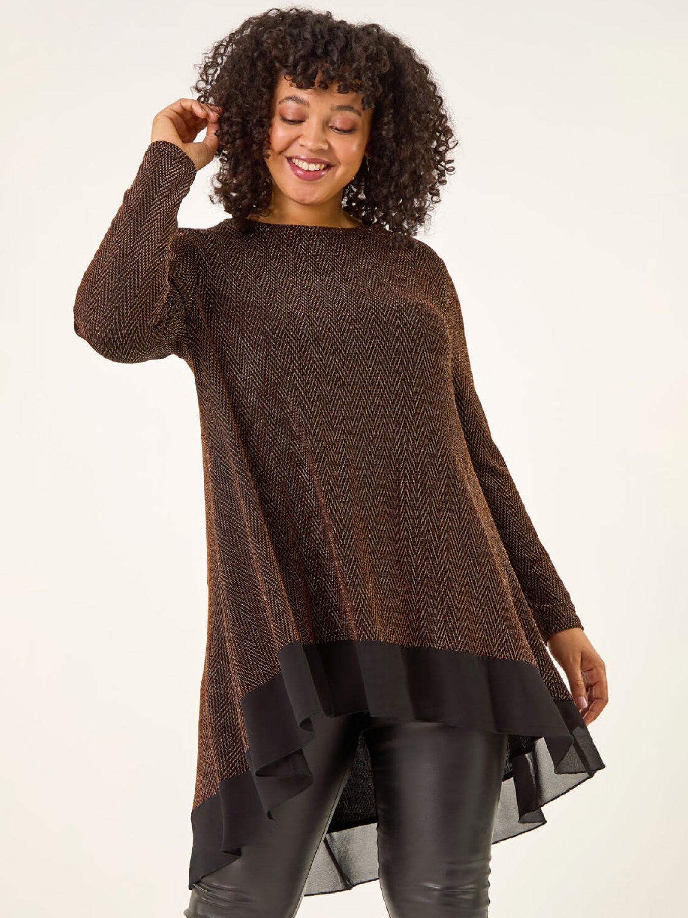 Roman Curve Glitter Chiffon Hem Tunic Top - Bronze