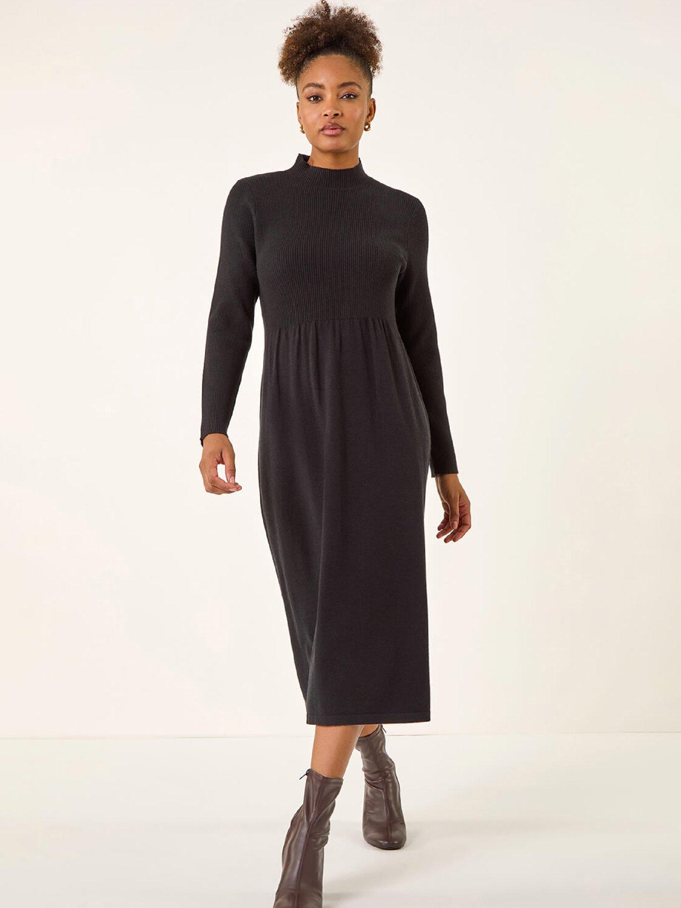 Roman Ribbed Knit High Neck Midi Dress - Black