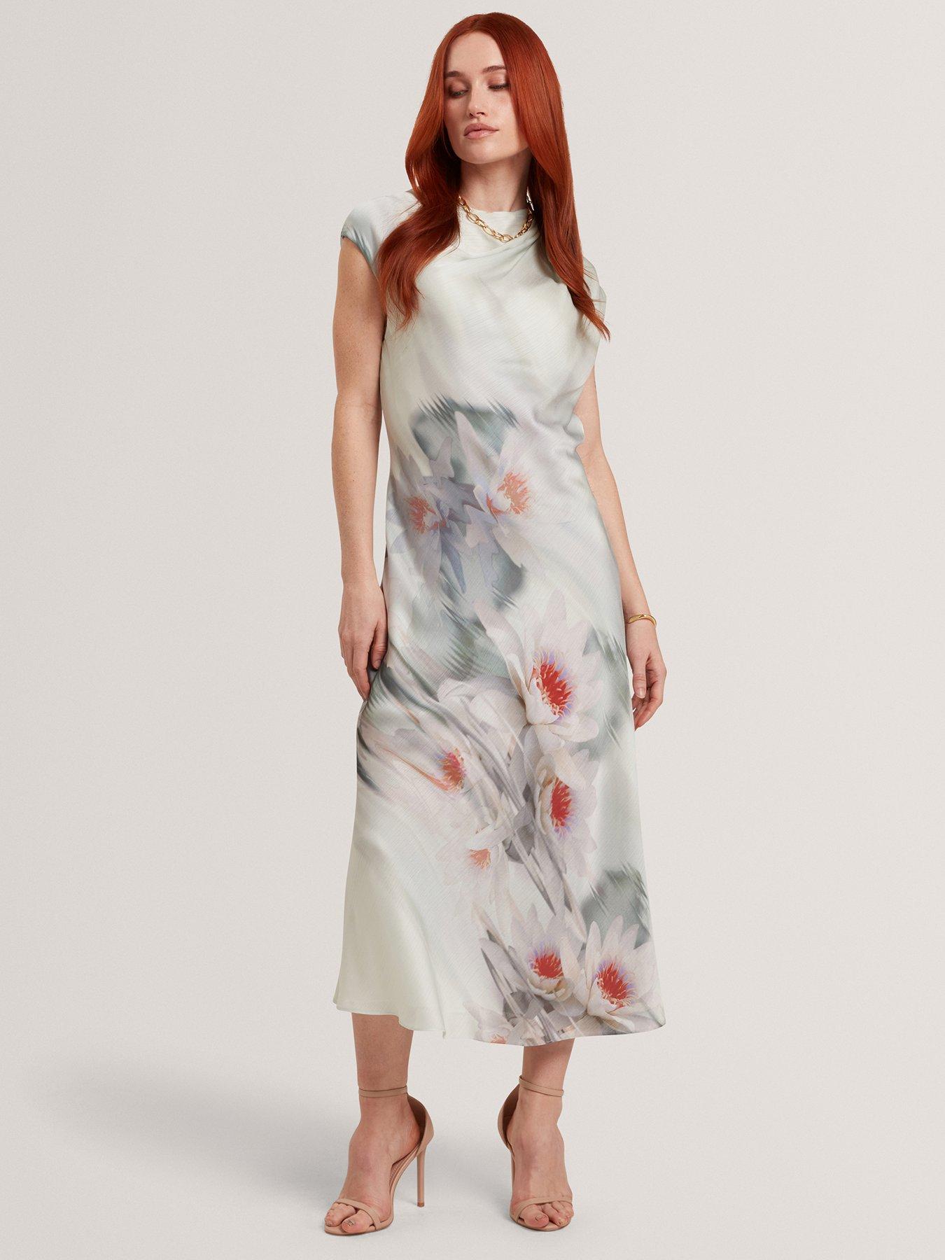 Ted Baker Draped Neck Printed Midi Dress - Green