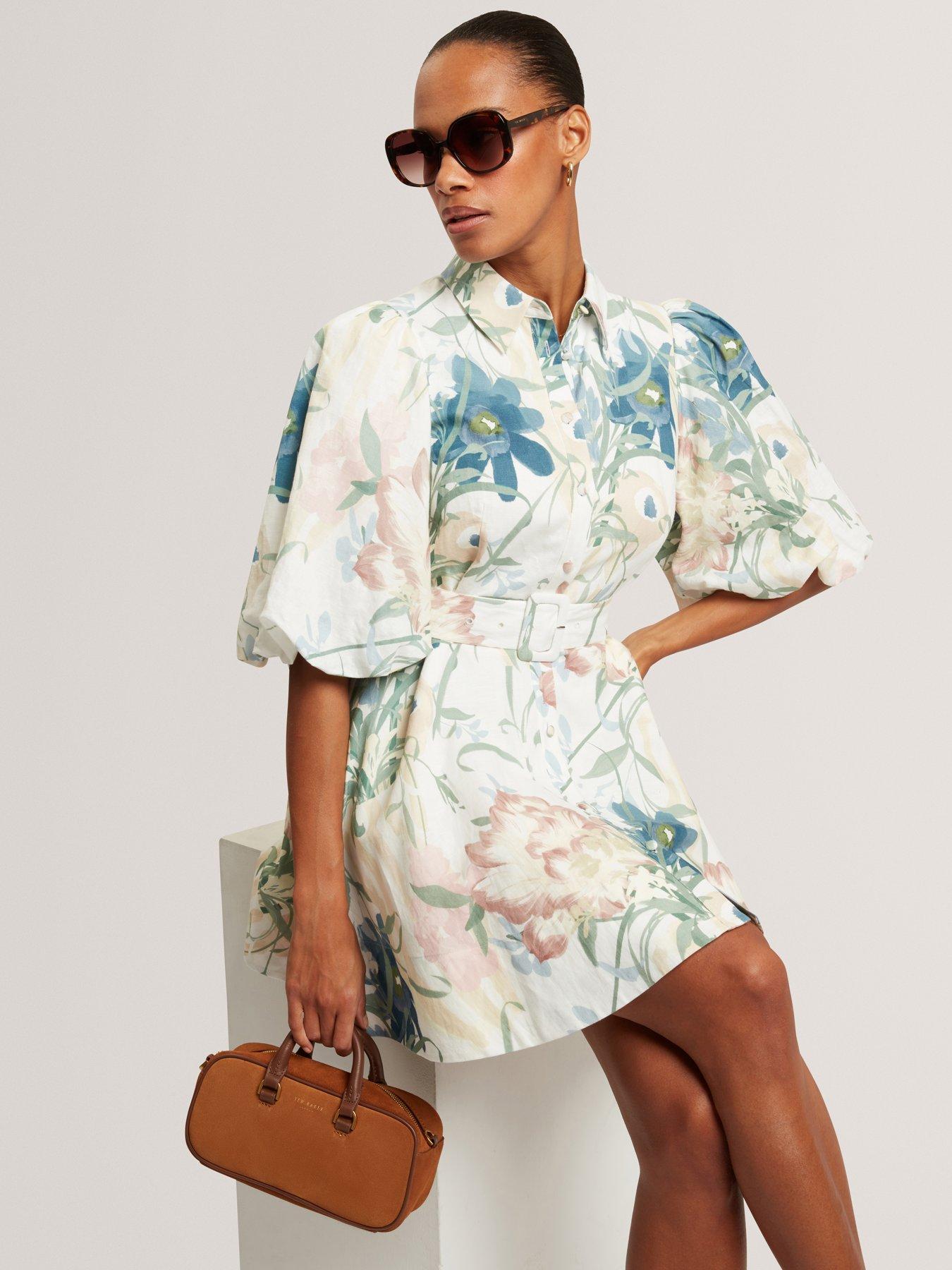 Ted Baker: Puff Sleeve Printed Mini Shirt Dress - Cream