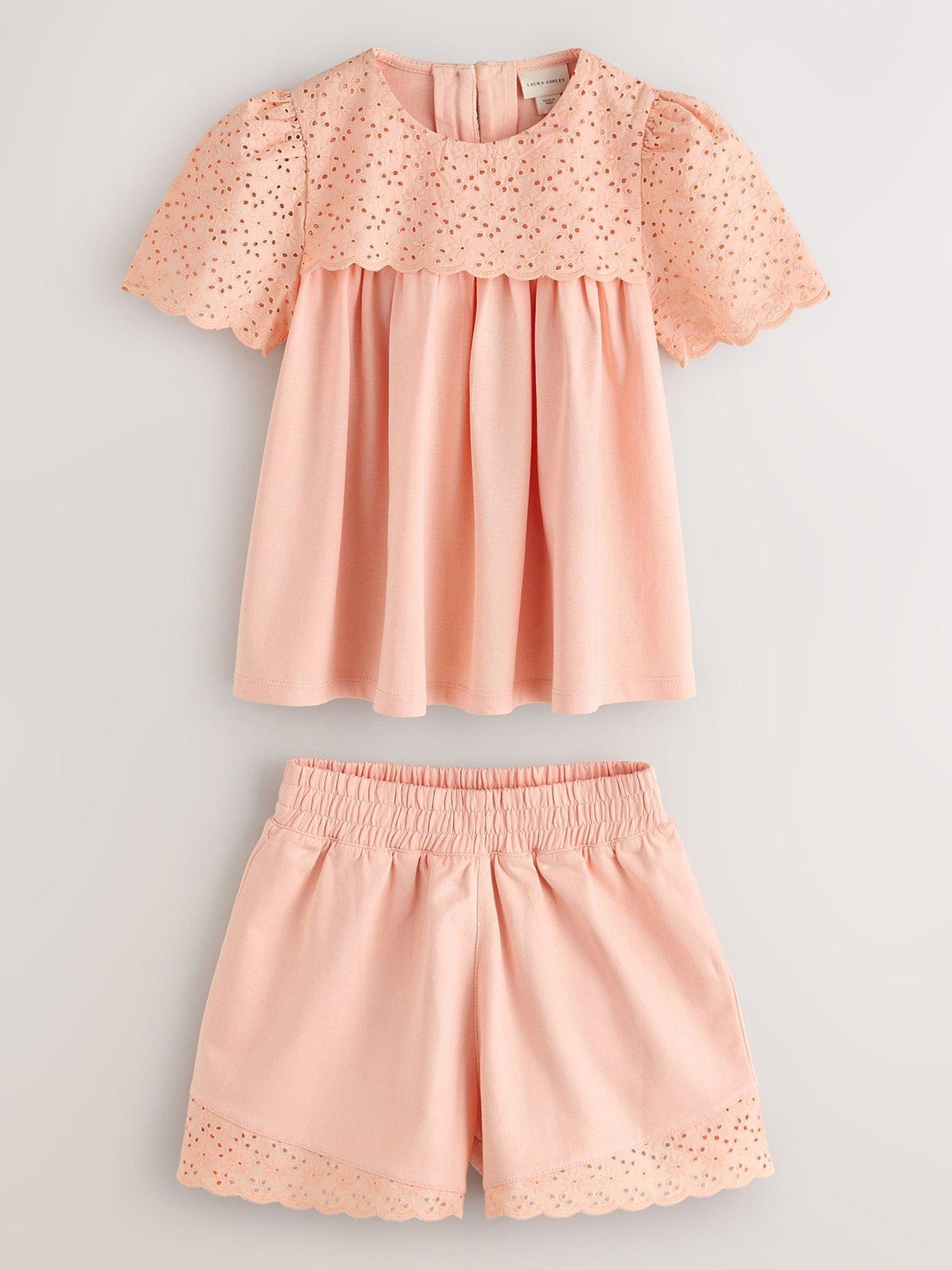 Laura Ashley Girls Broderie Short Sleeve Short Set - Orange