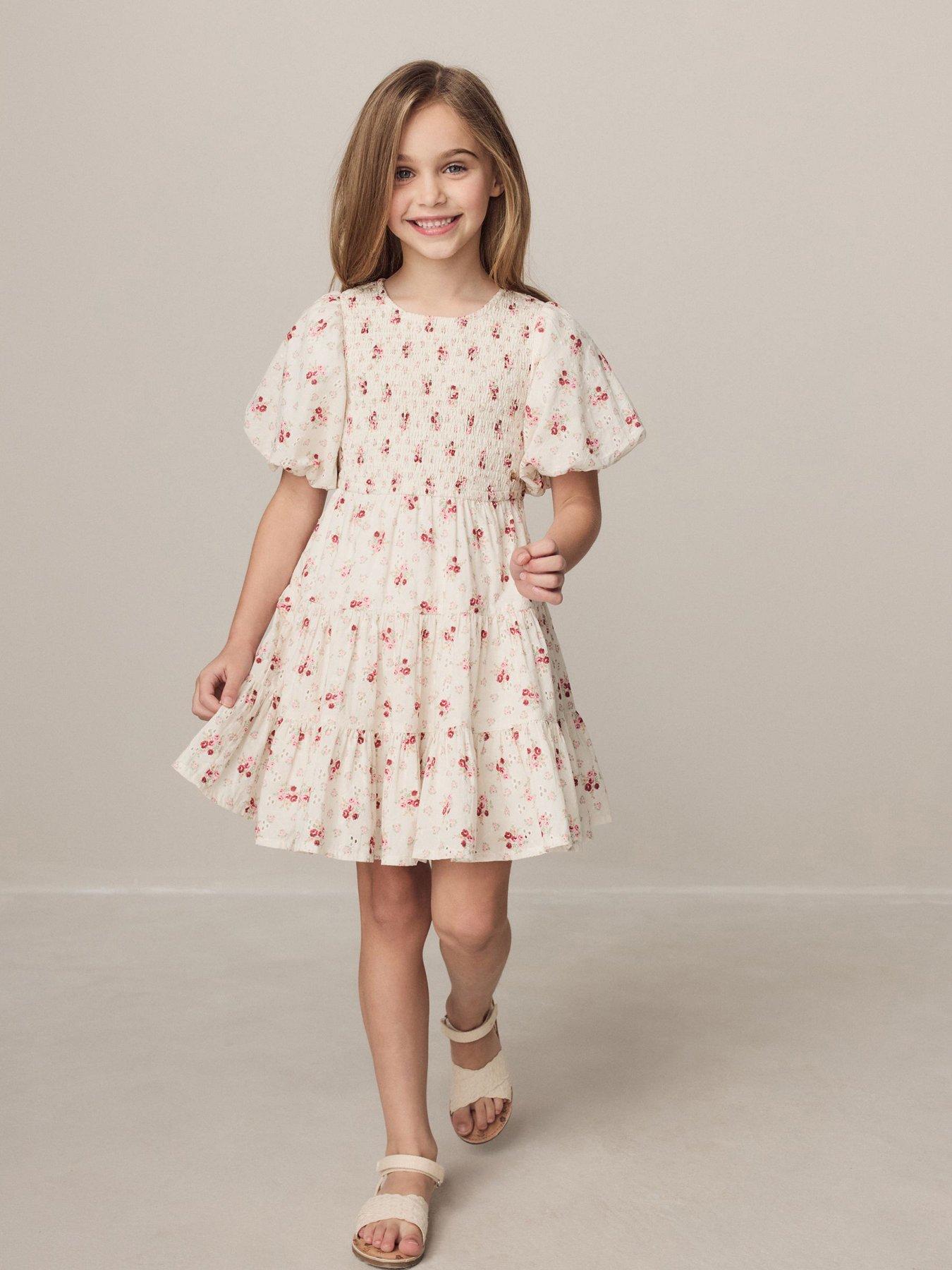 Laura Ashley: Younger Girls Ditsy Puff Sleeve Open Back Detail Dress - Cream
