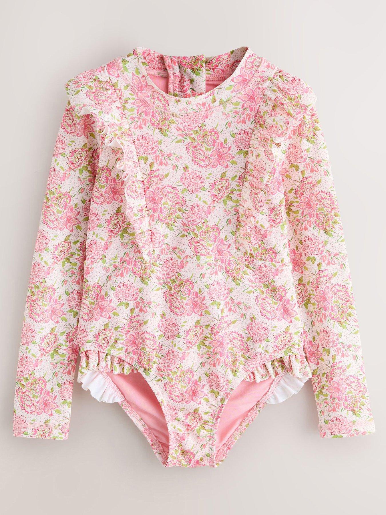 Laura Ashley Older Girls Long Sleeve Floral Frill Swimsuit - Pink