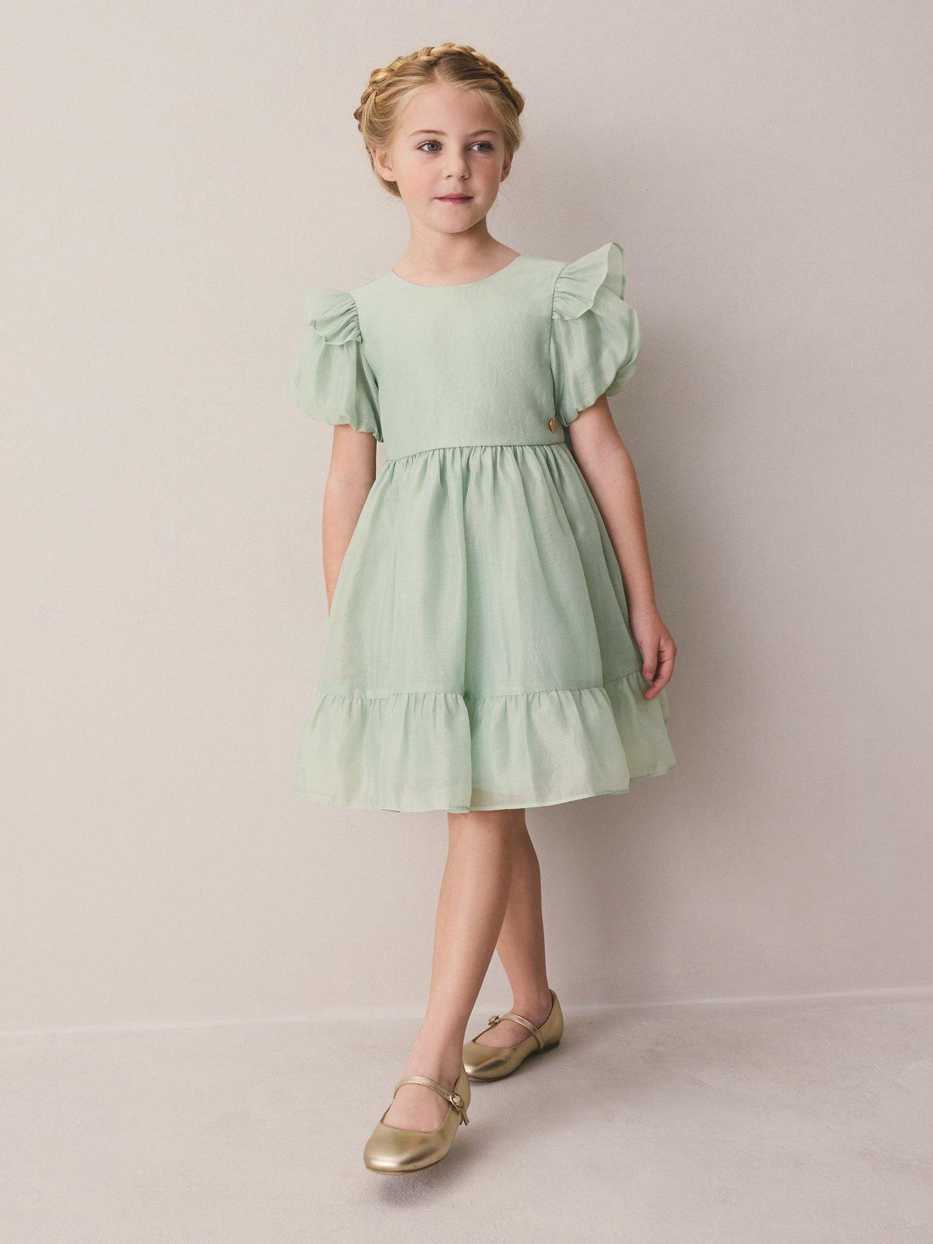 Laura Ashley: Younger Girls Frill Shoulder Dress - Light Green