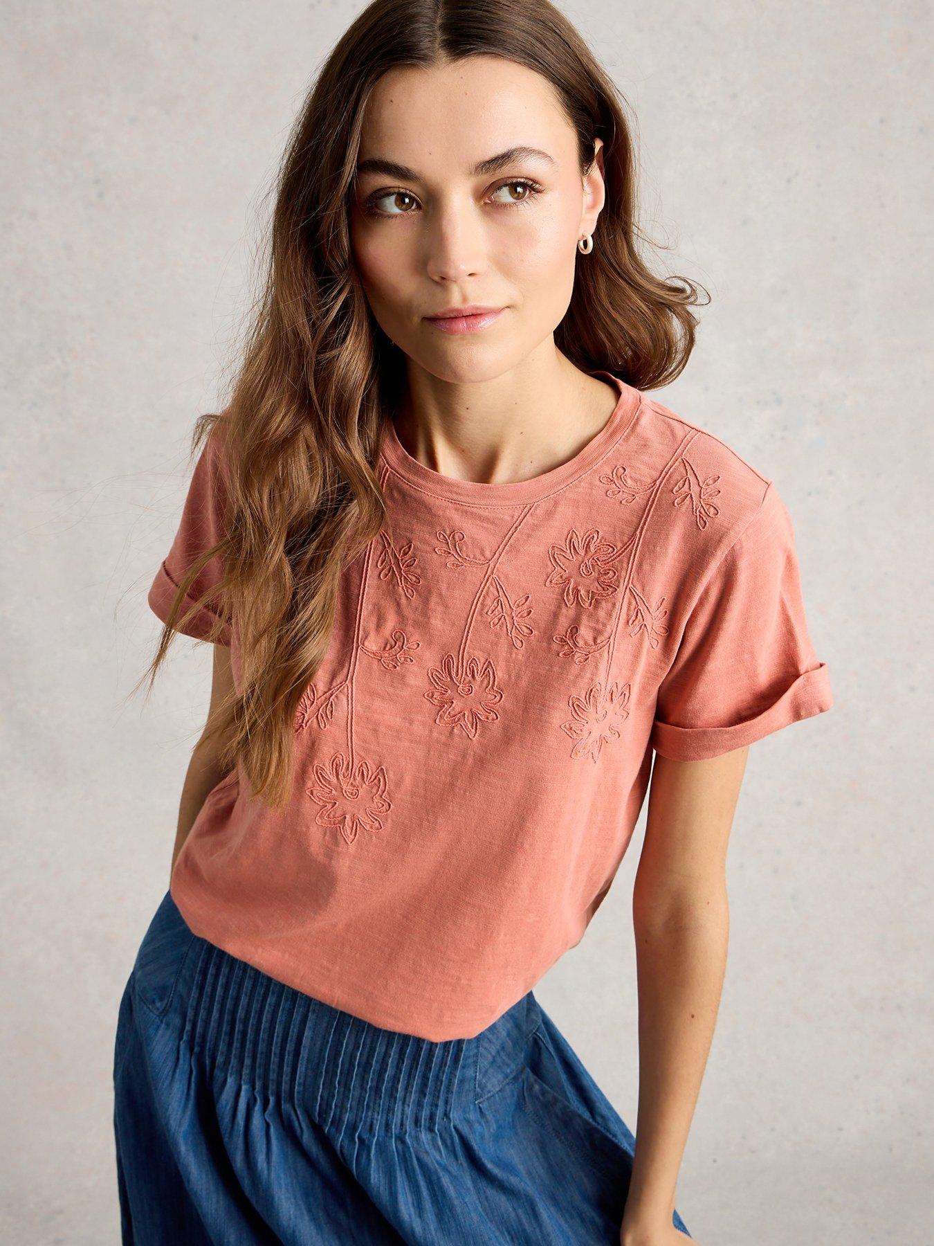 White Stuff Gina Embroidered T-Shirt - Pink