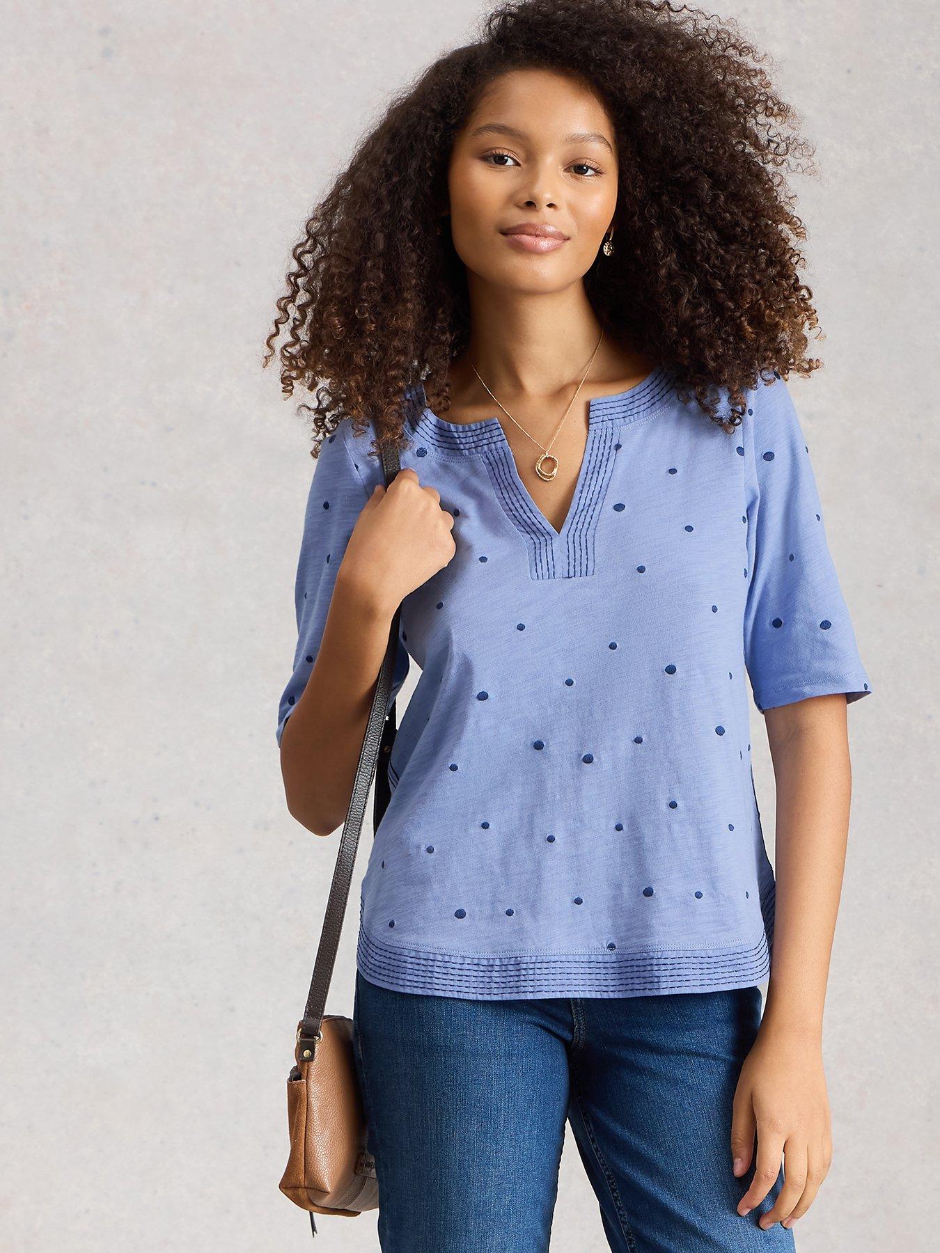 Image 1 of 6 of White Stuff Weaver Notch Embroidered T-Shirt - Blue