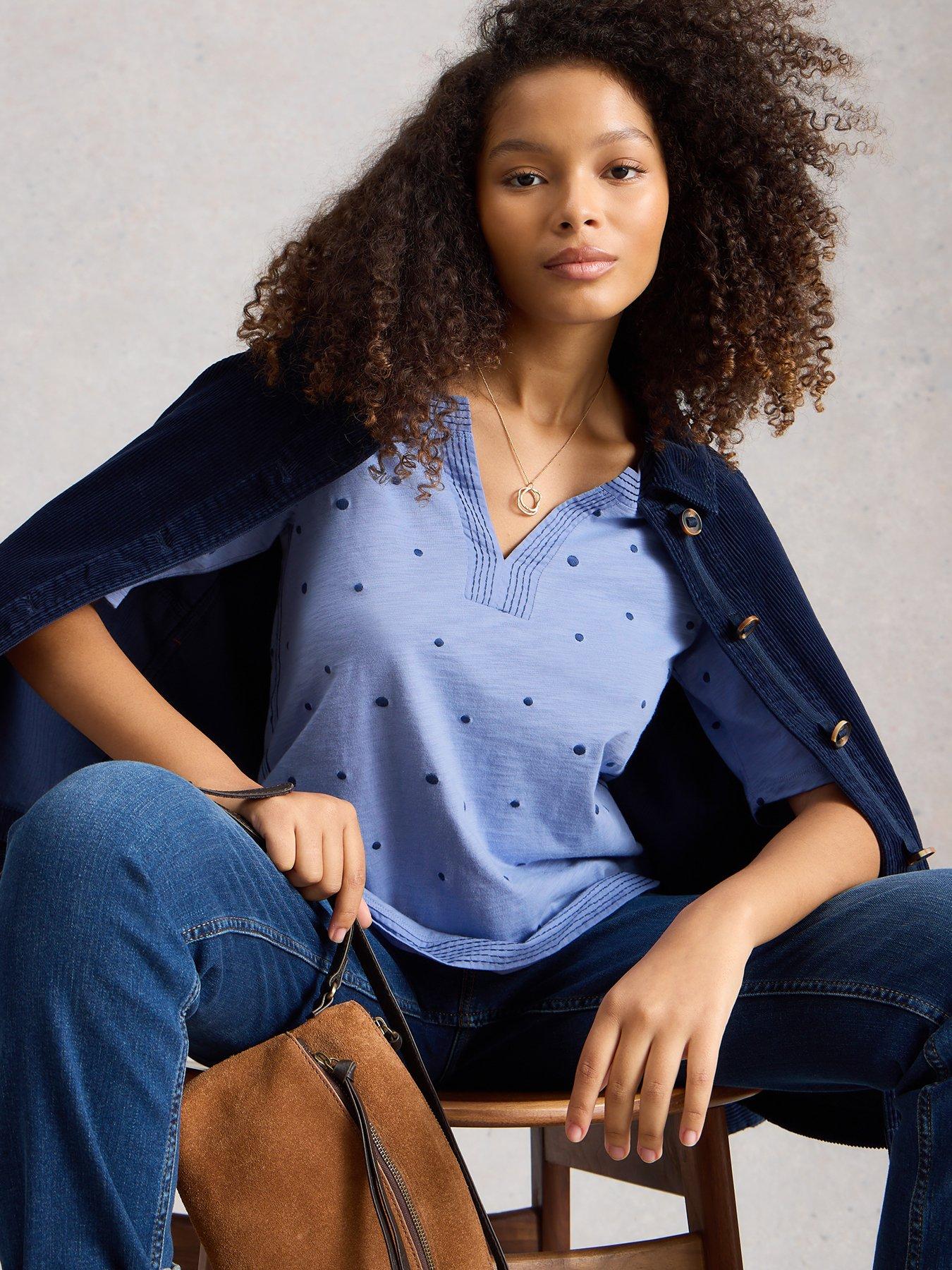 Image 4 of 6 of White Stuff Weaver Notch Embroidered T-Shirt - Blue