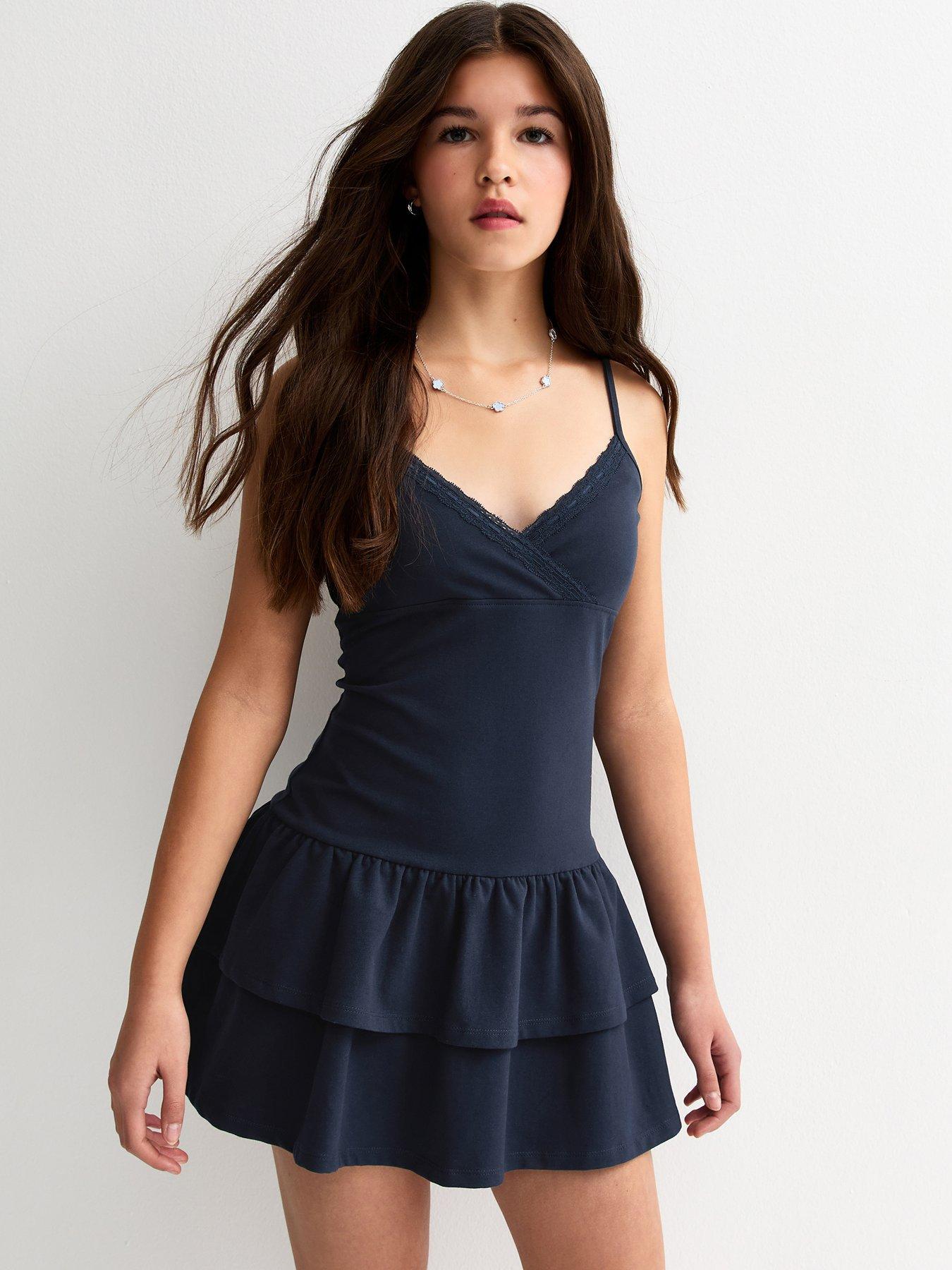 New Look 915 Girls Strappy Lace Trim Rara Dress - Navy