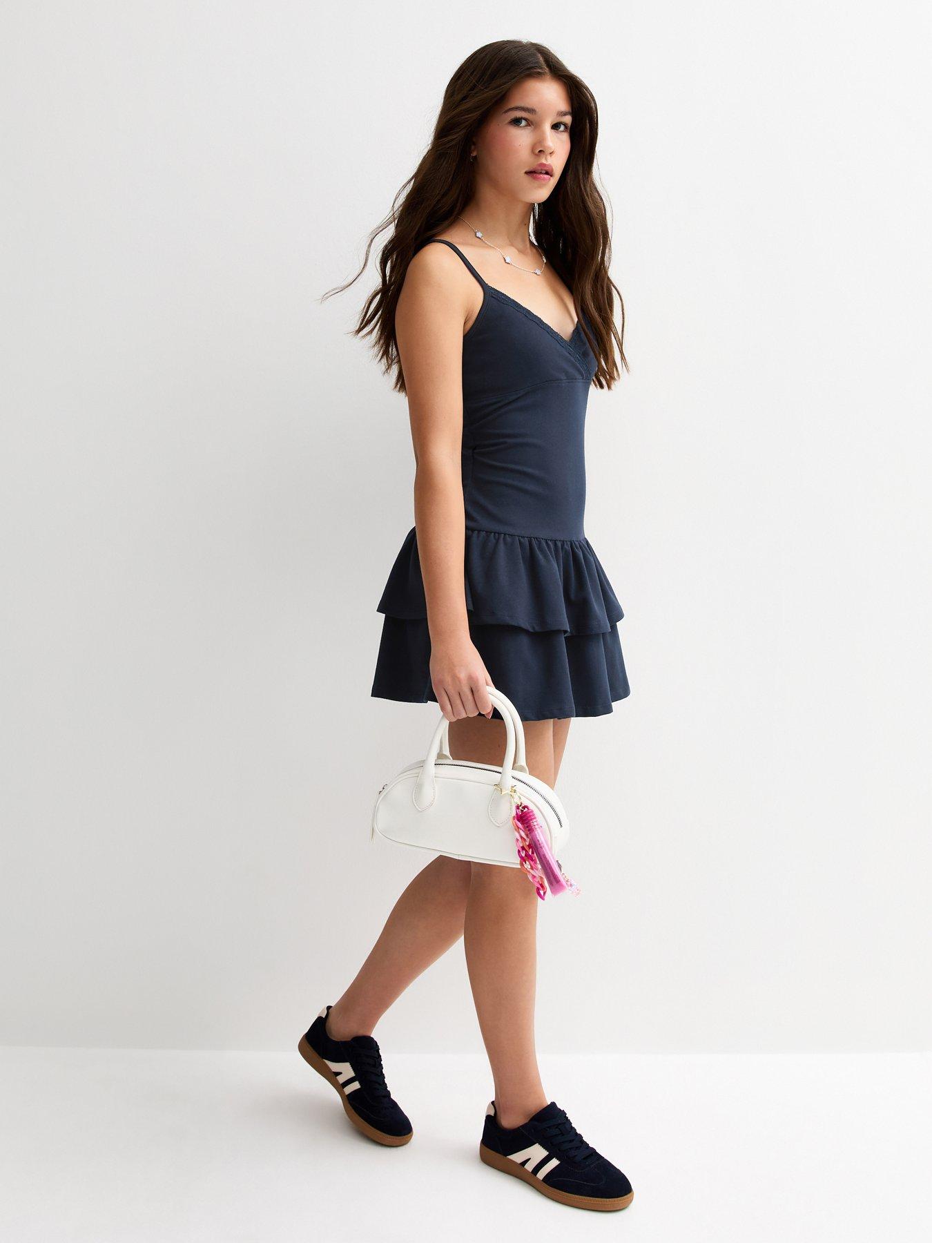 Image 3 of 5 of New Look 915 Girls Strappy Lace Trim Rara Dress - Navy