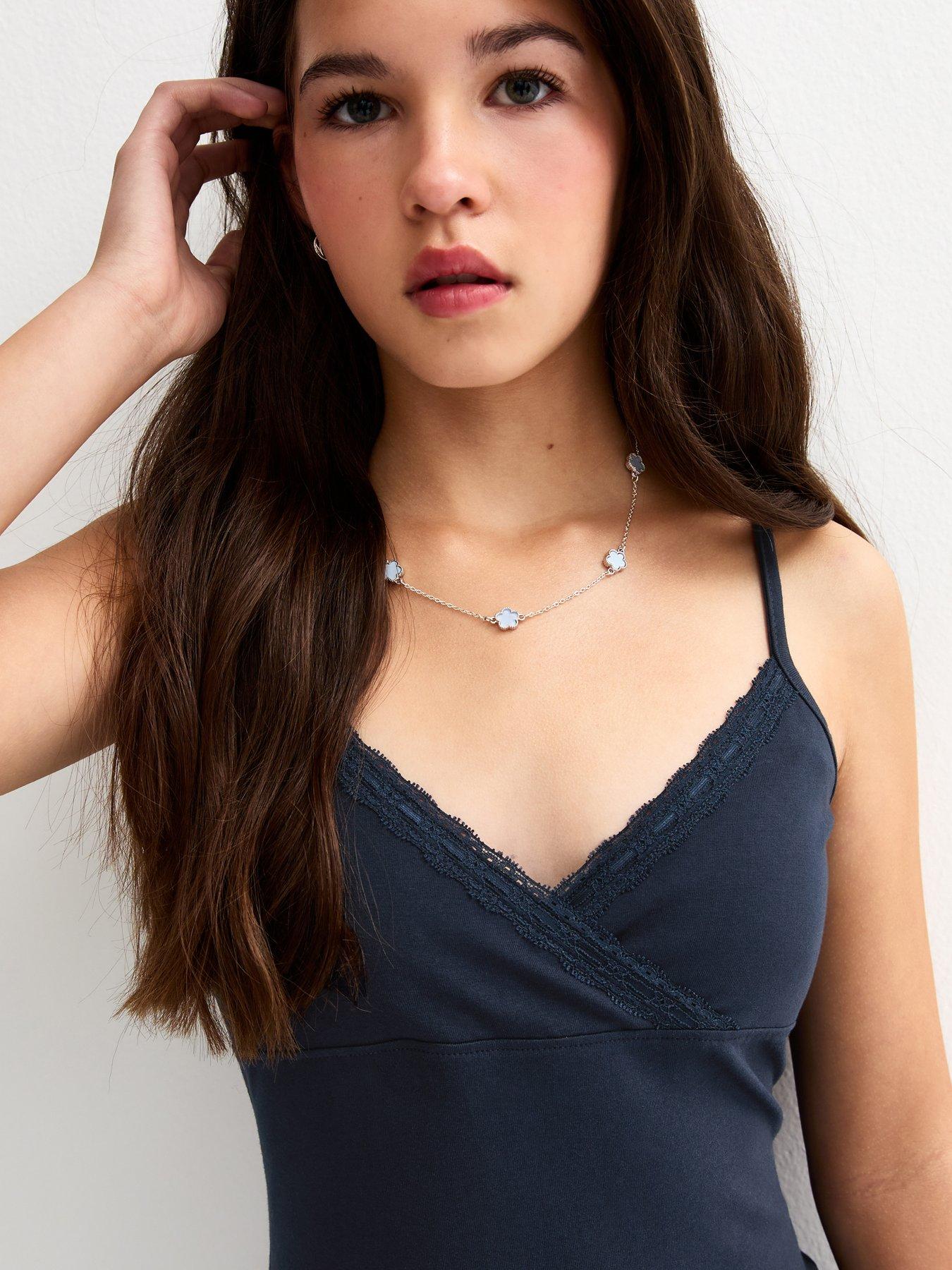Image 4 of 5 of New Look 915 Girls Strappy Lace Trim Rara Dress - Navy
