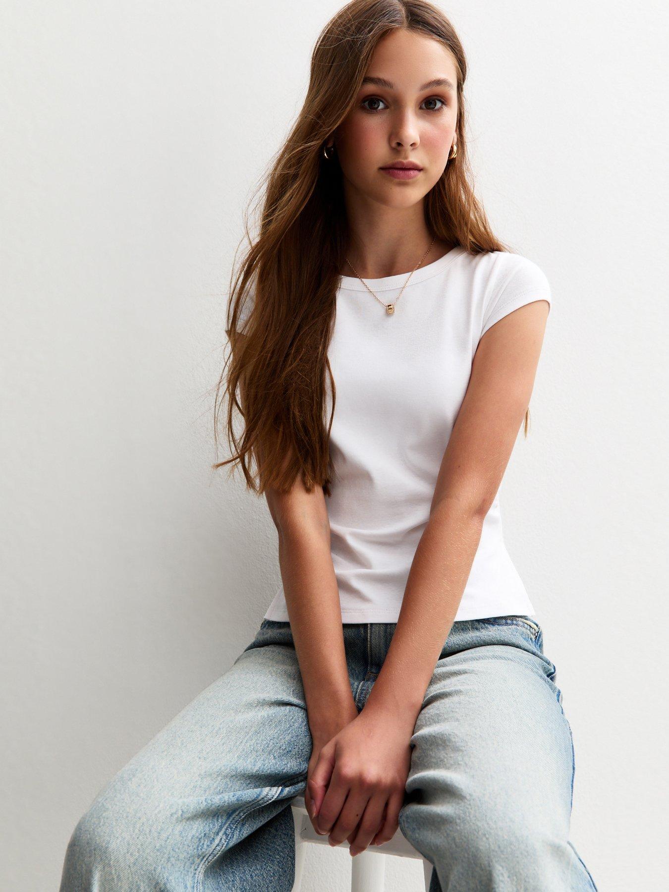 New Look 915 Girls Split Side Ruched Cap Sleeve Top - White