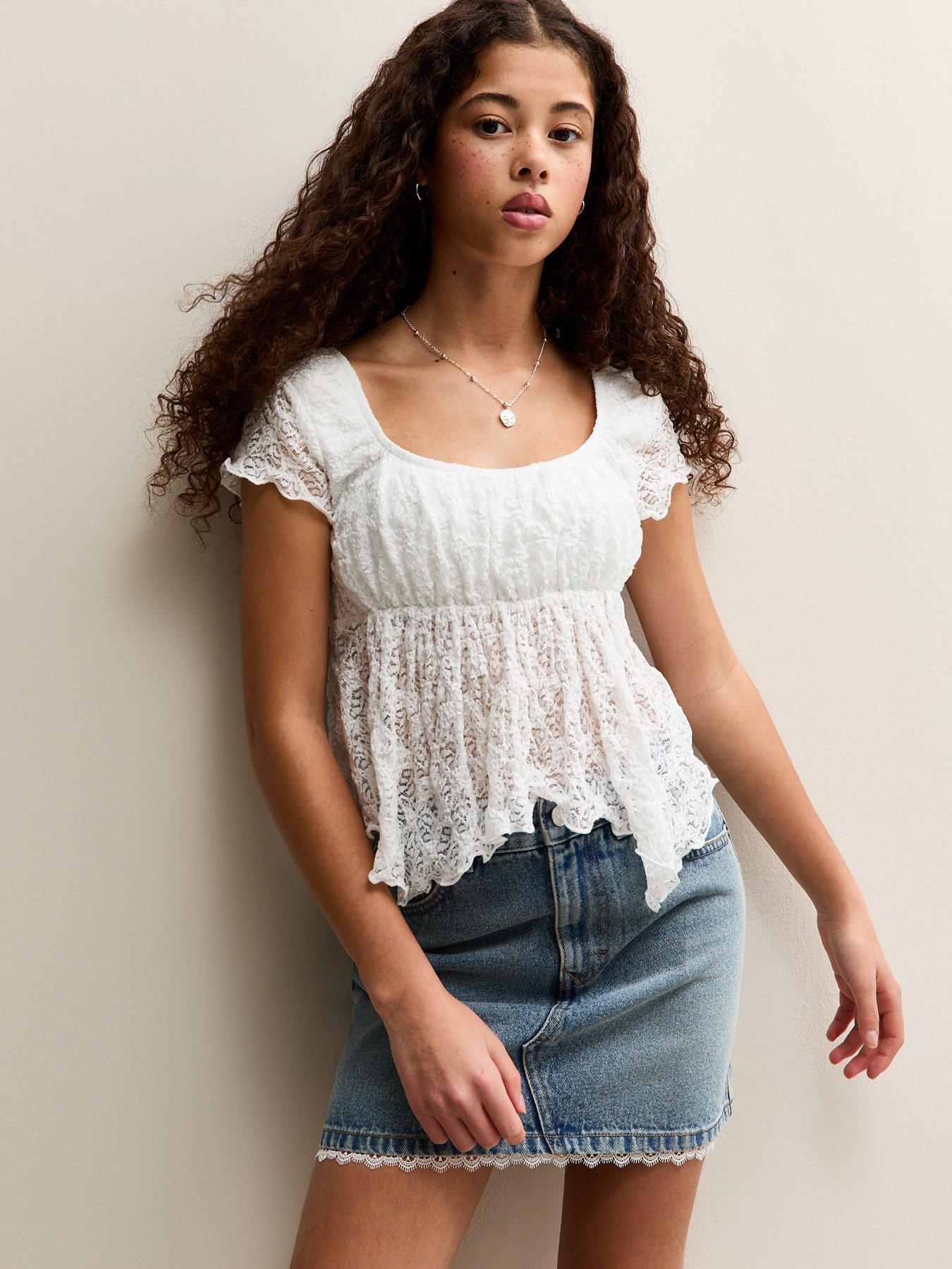 New Look 915 Girls Lace Hanky Hem Cap Sleeve Top - White