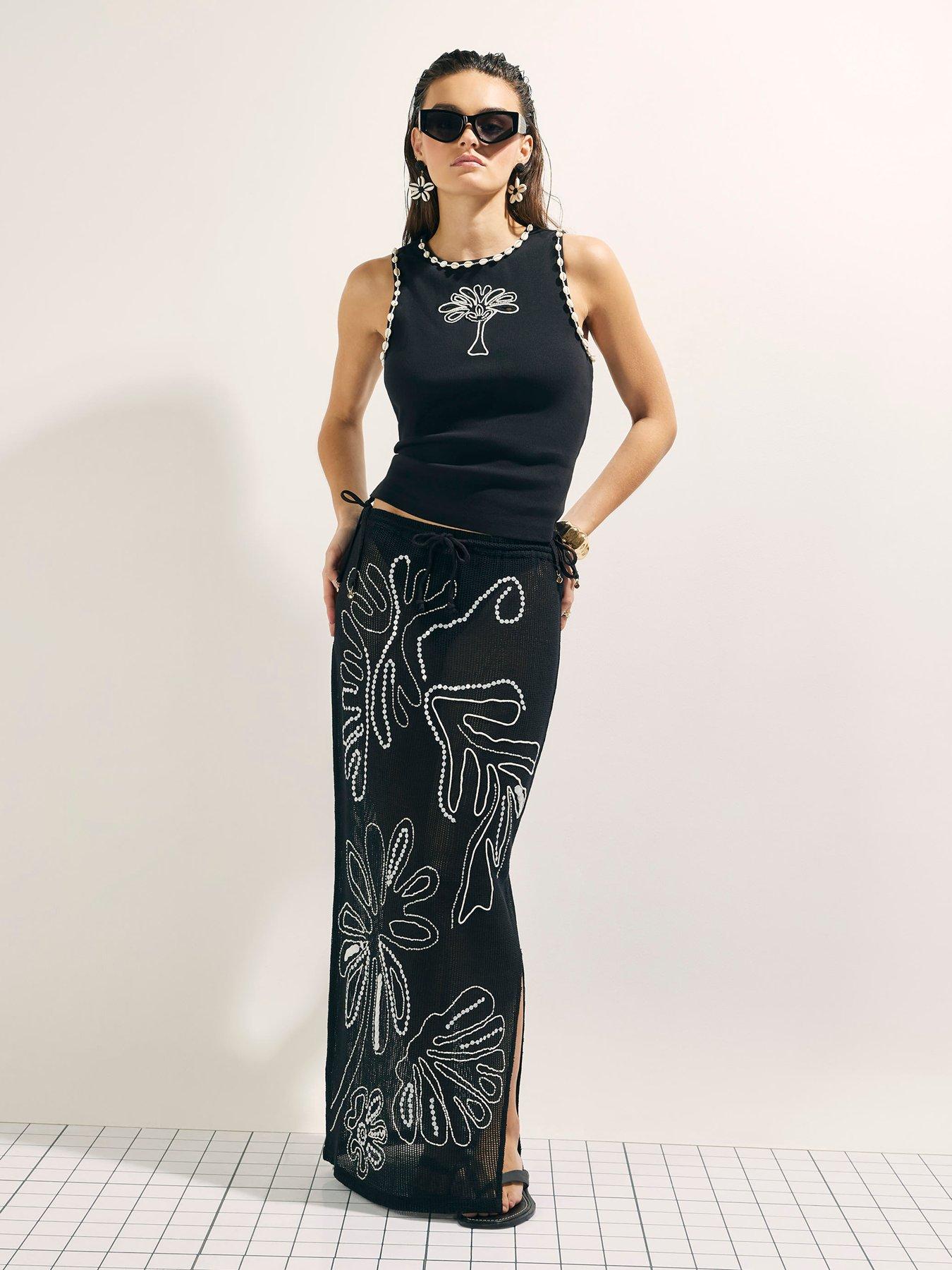 River Island Cutwork Palm Tree Ribbed Vest - Black | Very