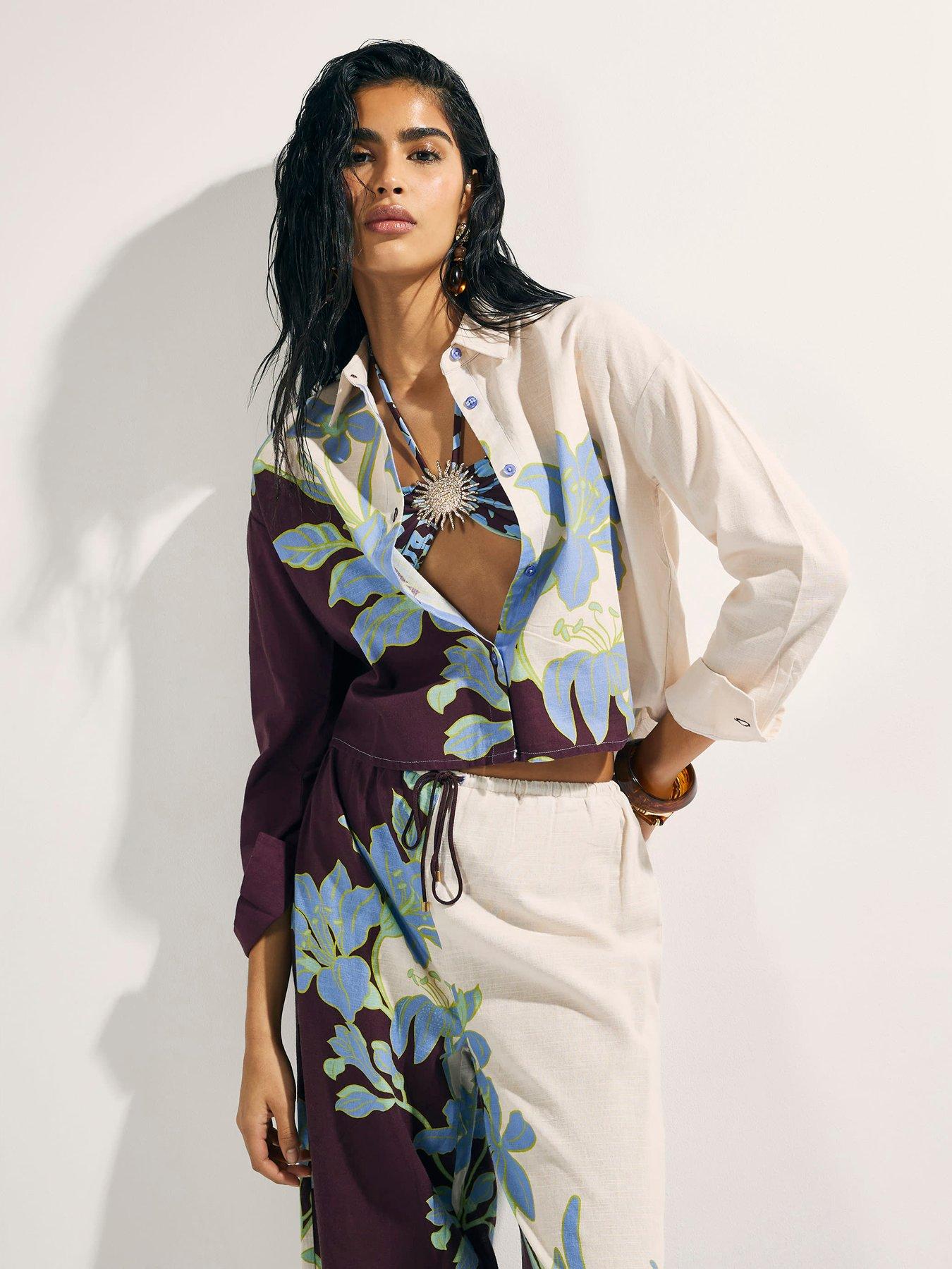Image 1 of 4 of River Island Floral Border Beach Shirt - Cream