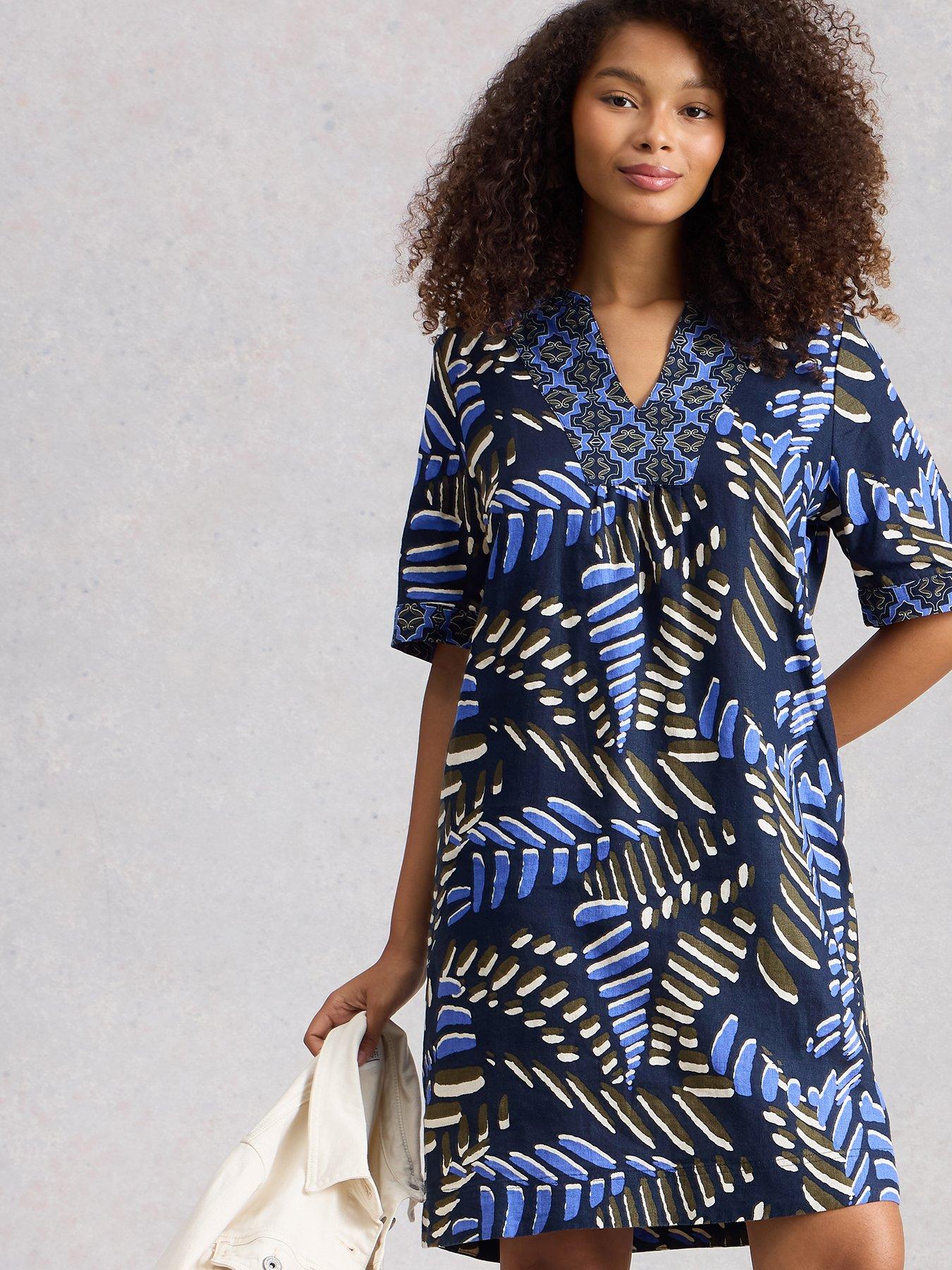 White Stuff Ash Short Sleeve Linen Dress - Navy