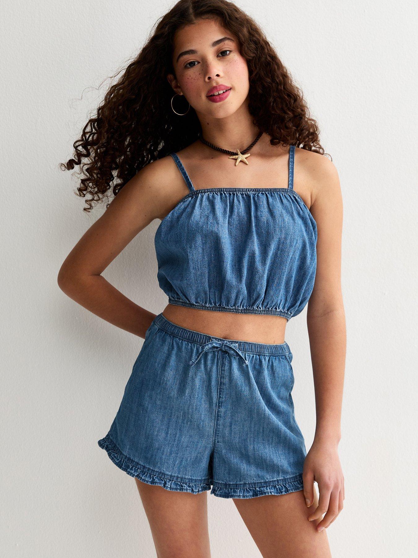 New Look 915 Girls Cotton Chambray Cropped Cami Top - Blue