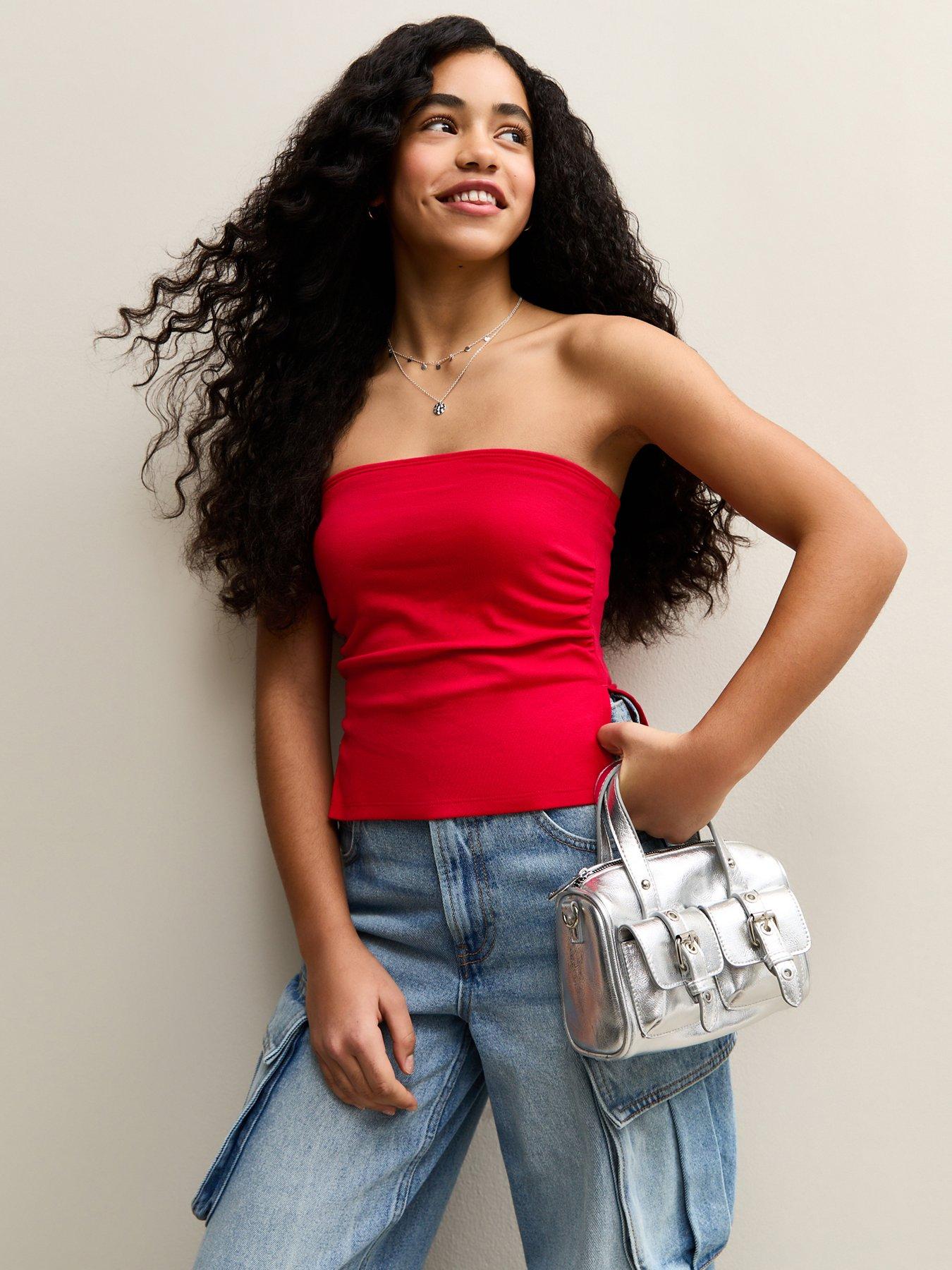 New Look 915 Girls Ruched Side Bandeau Top - Dark Red
