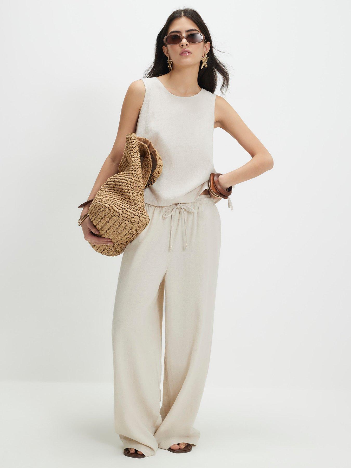 River Island Linen Blend Wide Leg Trousers - Beige