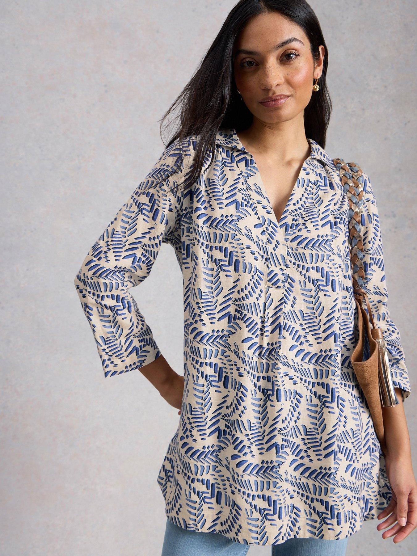 Image 1 of 6 of White Stuff Bianca Linen Notch Neck Tunic - Ivory Print