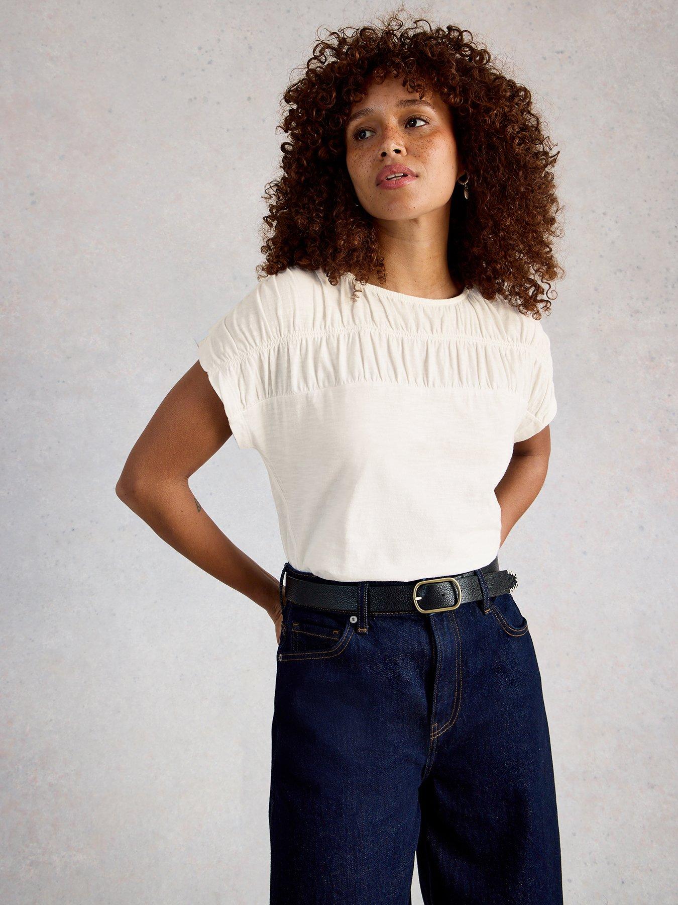 White Stuff Shirred Regular Round Neck Tops - White