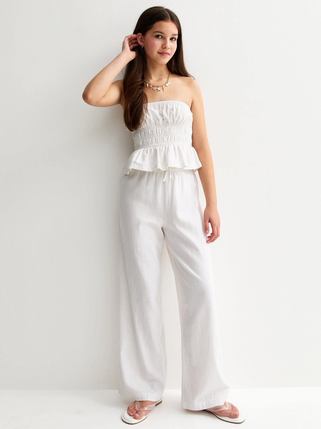 New Look 915: Girls Linen Blend Wide Leg Trousers - White