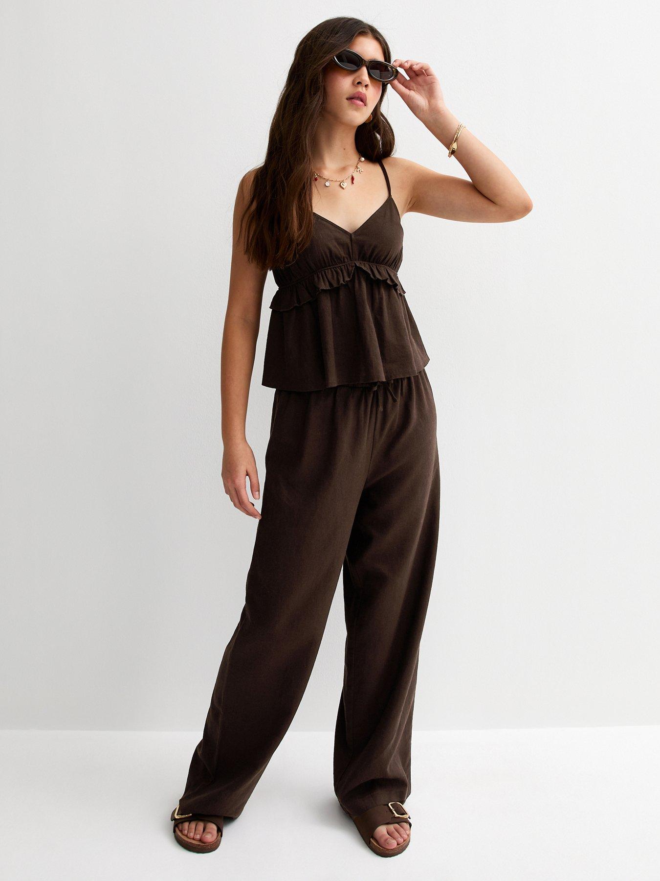New Look 915 Girls Dark Brown Linen Blend Wide Leg Trousers