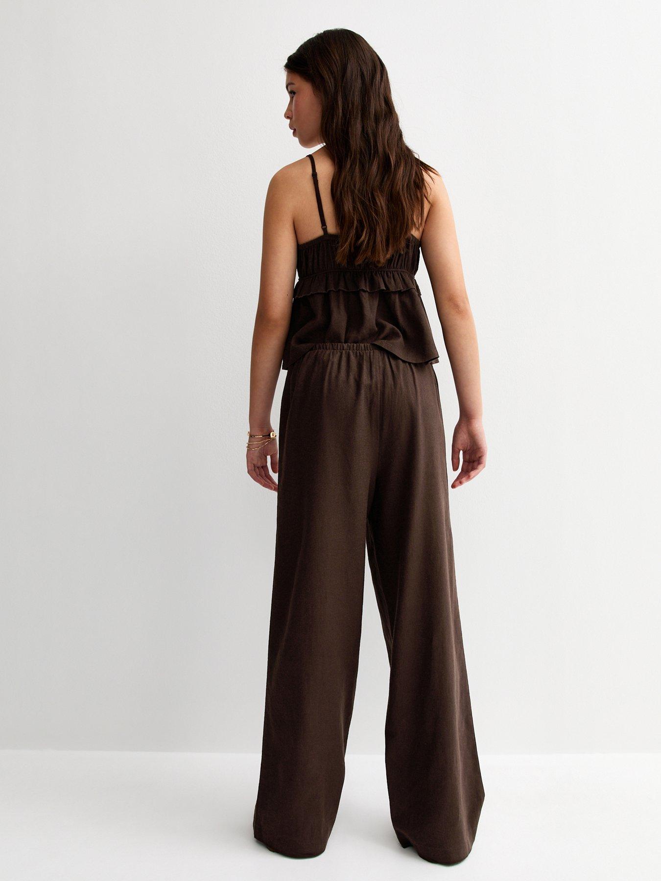 Image 2 of 6 of New Look 915 Girls Linen Blend Wide Leg Trousers - Dark Brown