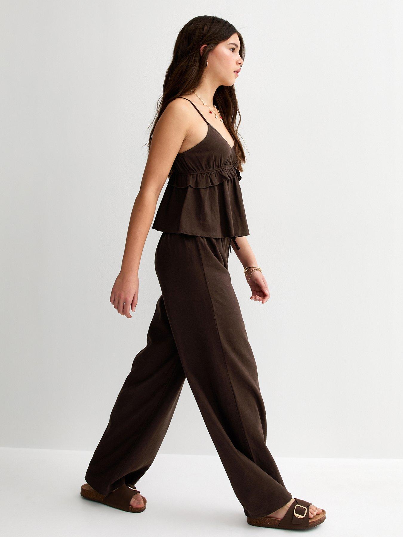 Image 4 of 6 of New Look 915 Girls Linen Blend Wide Leg Trousers - Dark Brown