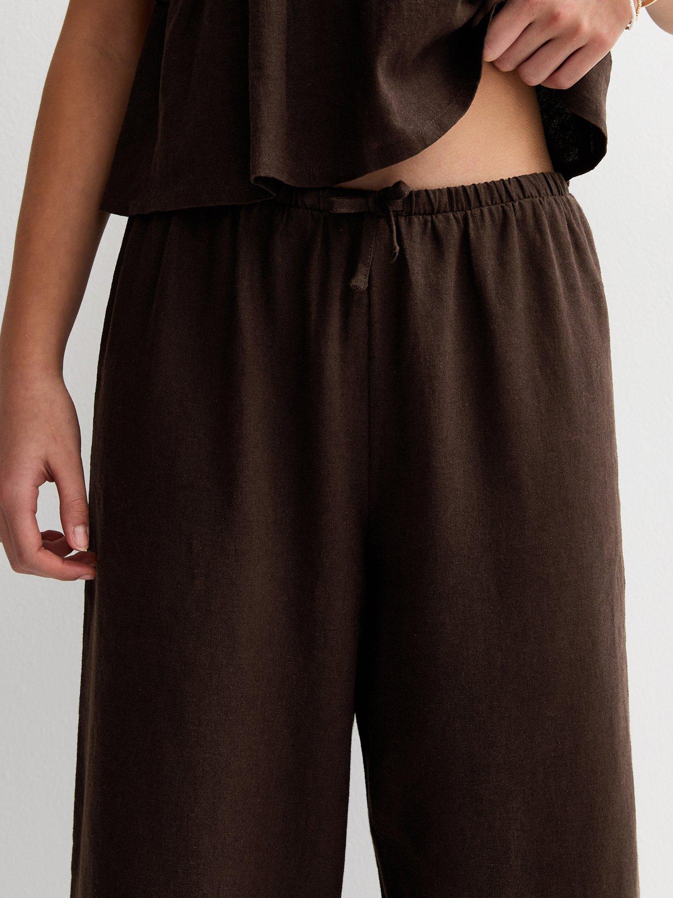 Image 5 of 6 of New Look 915 Girls Linen Blend Wide Leg Trousers - Dark Brown