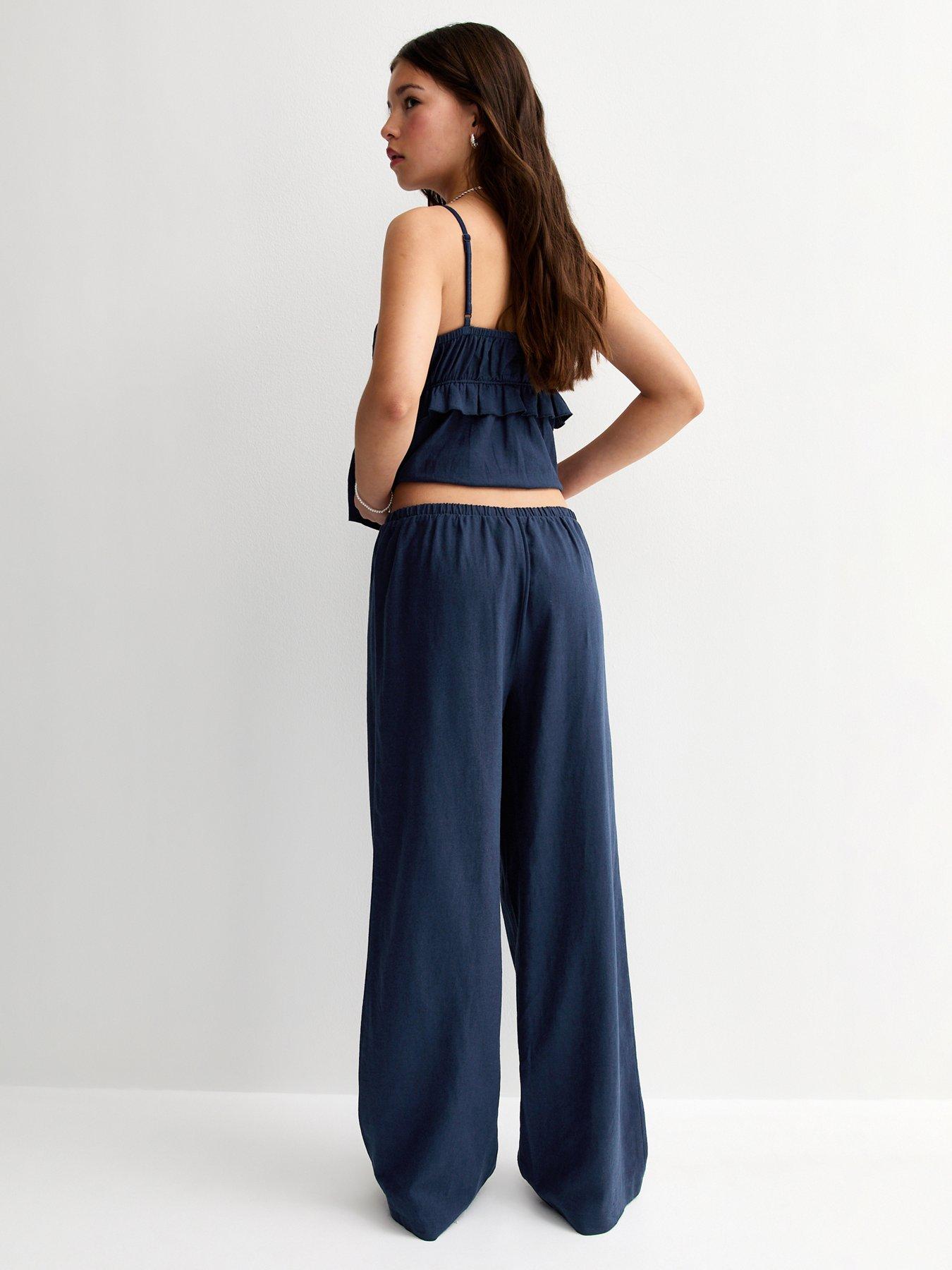 Image 2 of 5 of New Look 915 Girls Linen Blend Wide Leg Trousers - Navy