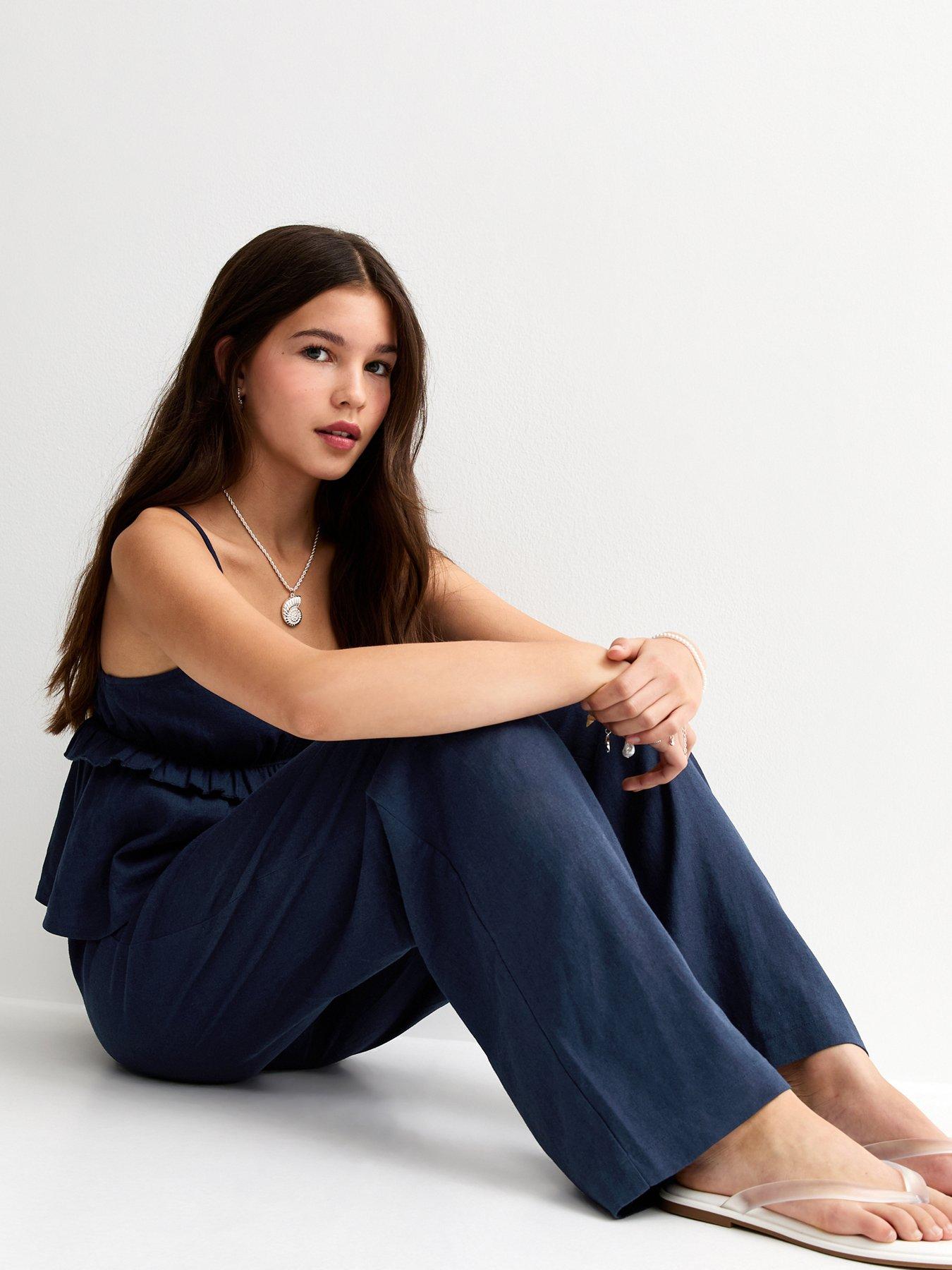 Image 3 of 5 of New Look 915 Girls Linen Blend Wide Leg Trousers - Navy