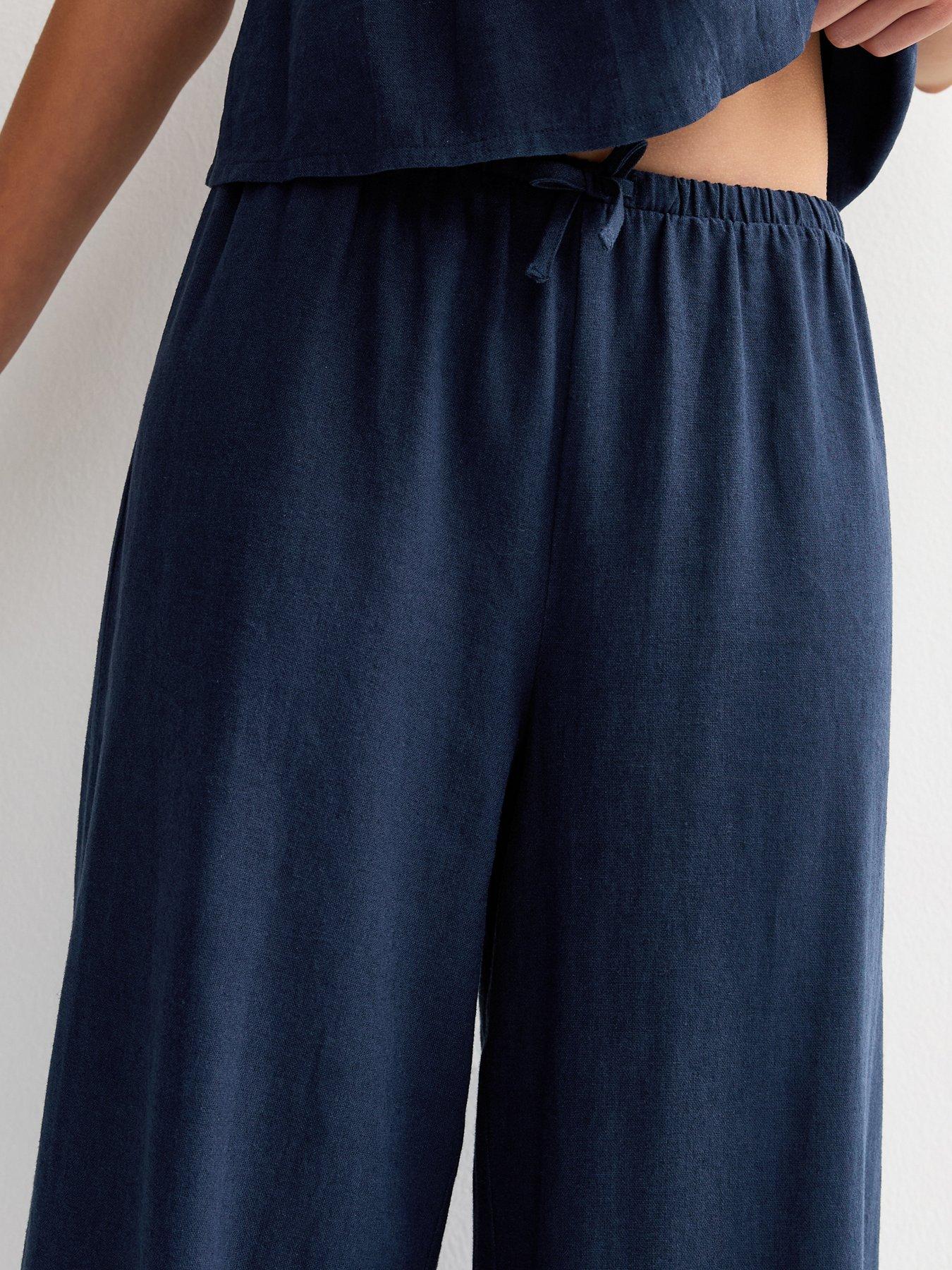 Image 4 of 5 of New Look 915 Girls Linen Blend Wide Leg Trousers - Navy