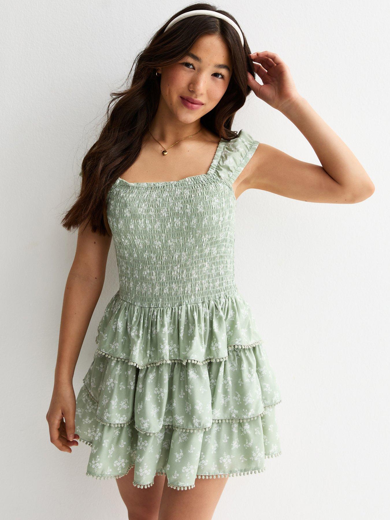 Image 1 of 5 of New Look 915 Girls Floral Shirred Rara Mini Dress - Green