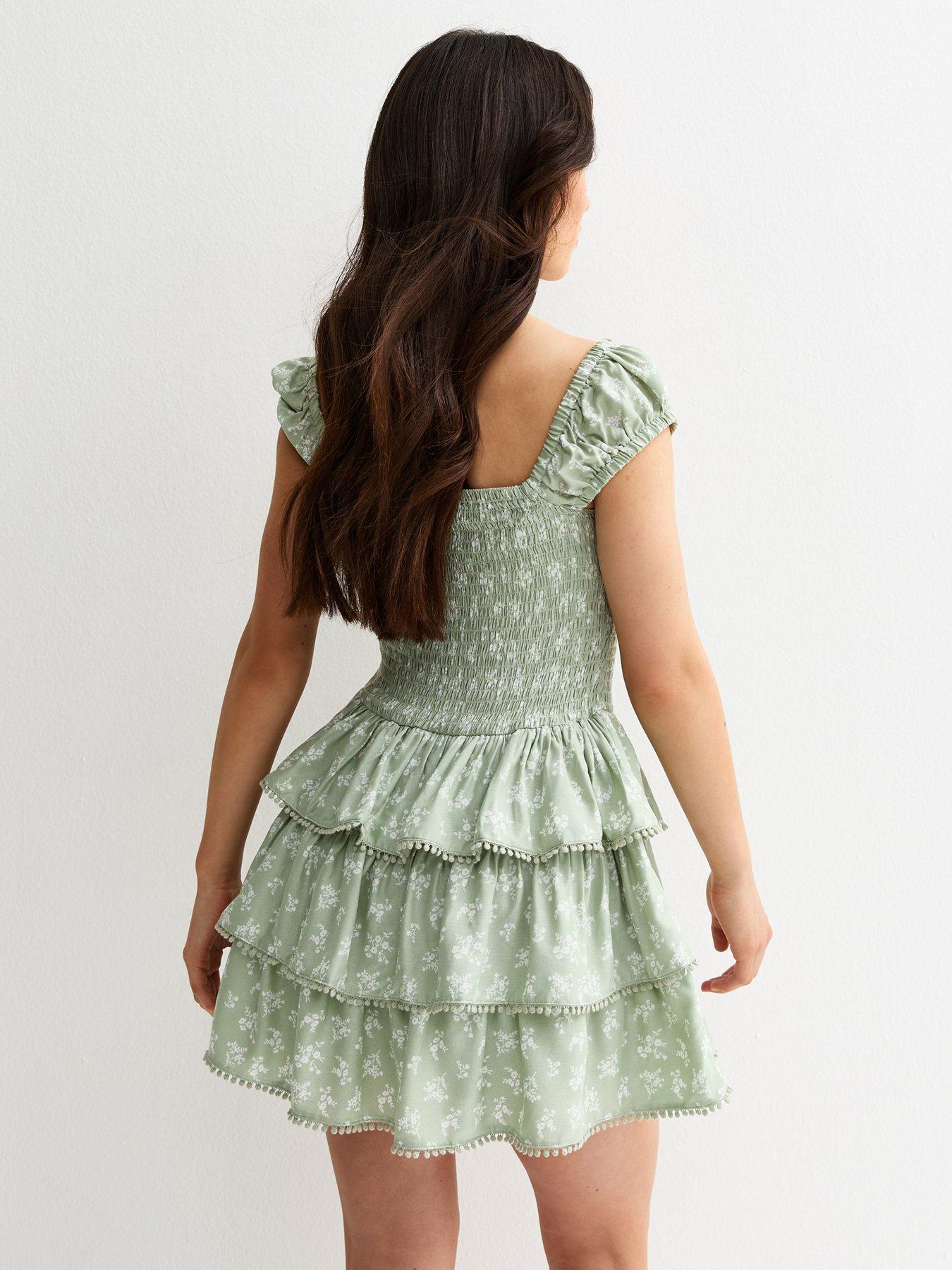 Image 2 of 5 of New Look 915 Girls Floral Shirred Rara Mini Dress - Green