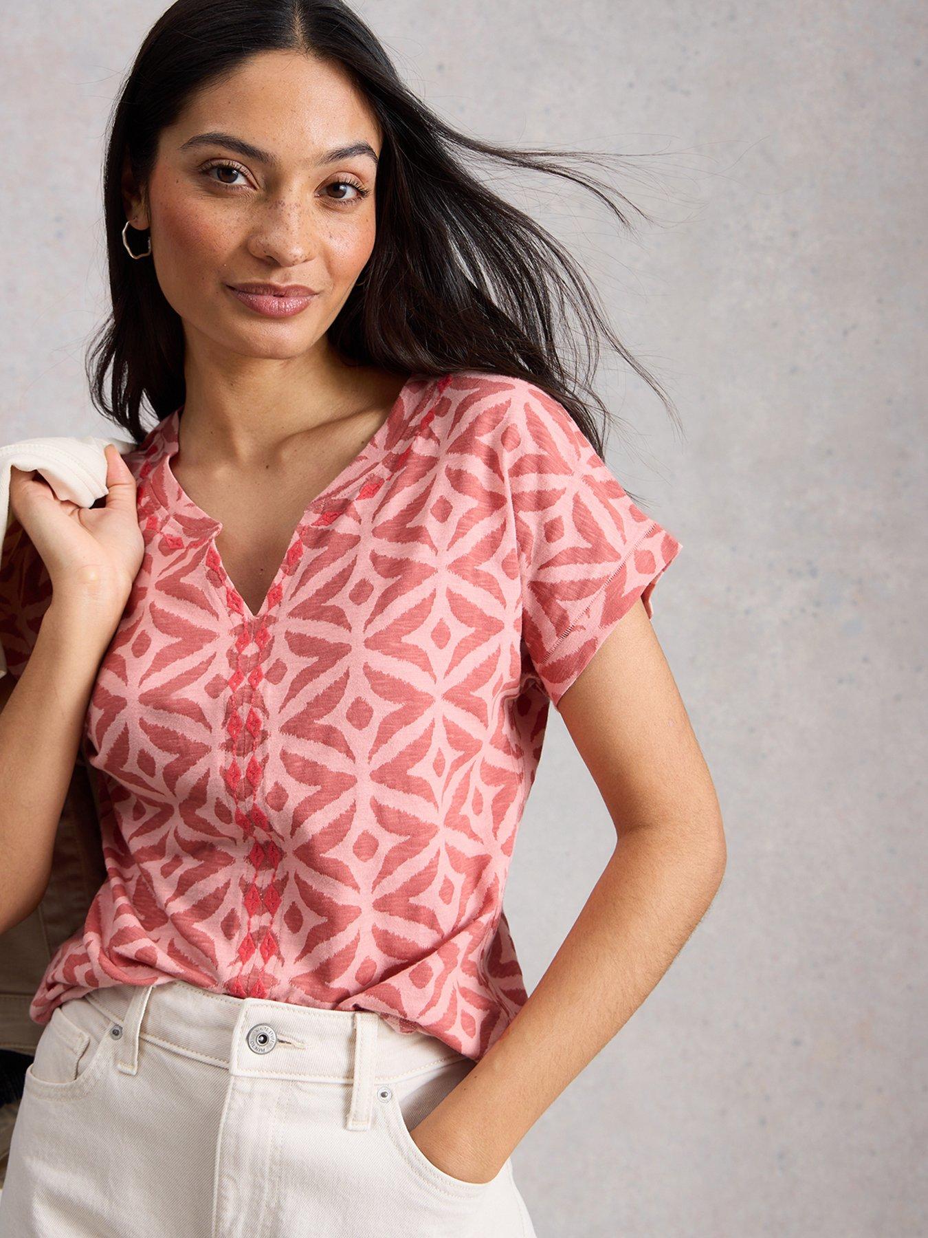 White Stuff Nelly Print Embroidered T-Shirt, Pink, Size 16, Women