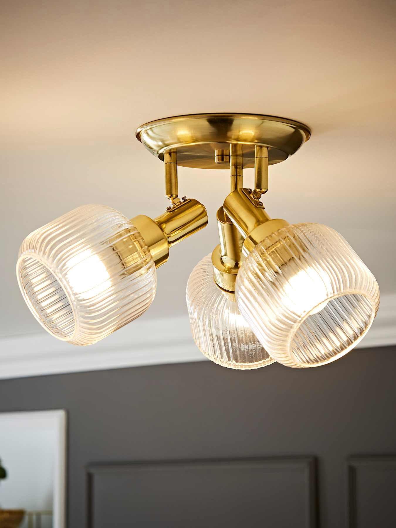 ValueLights Calpe 3 Way Antique Brass Adjustable Ceiling Spotlight with Ribbed Clear Shades