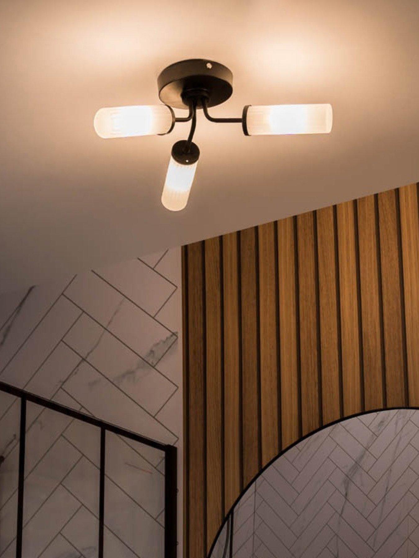 ValueLights Canya Matte Black IP44 Rated Bathroom 3 Way Reeded Glass Flush Ceiling Light