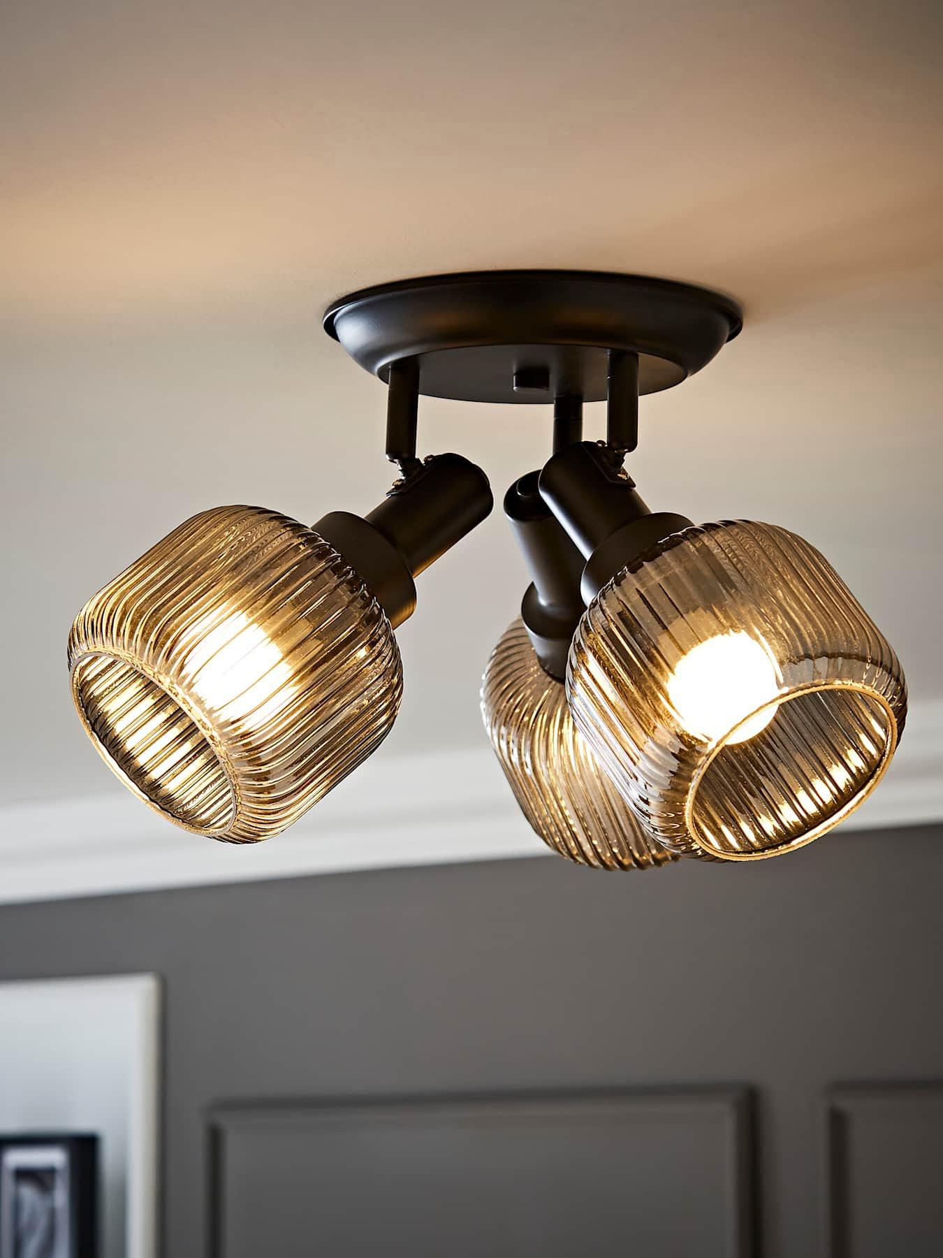 Image 1 of 6 of ValueLights Calpe 3 Way Matte Black Adjustable Ceiling Spotlight with Ribbed Smoked Shades