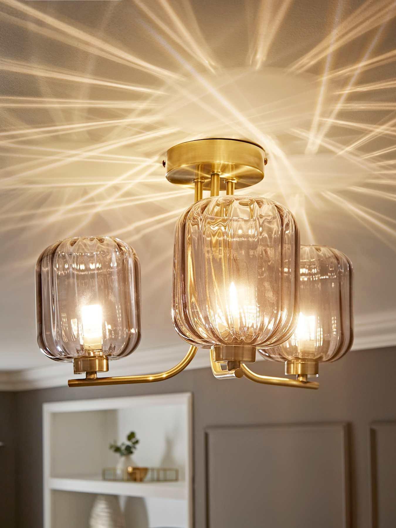 ValueLights Amelie Gold 3 Way Ceiling Light with Smoked Ribbed Glass Shades