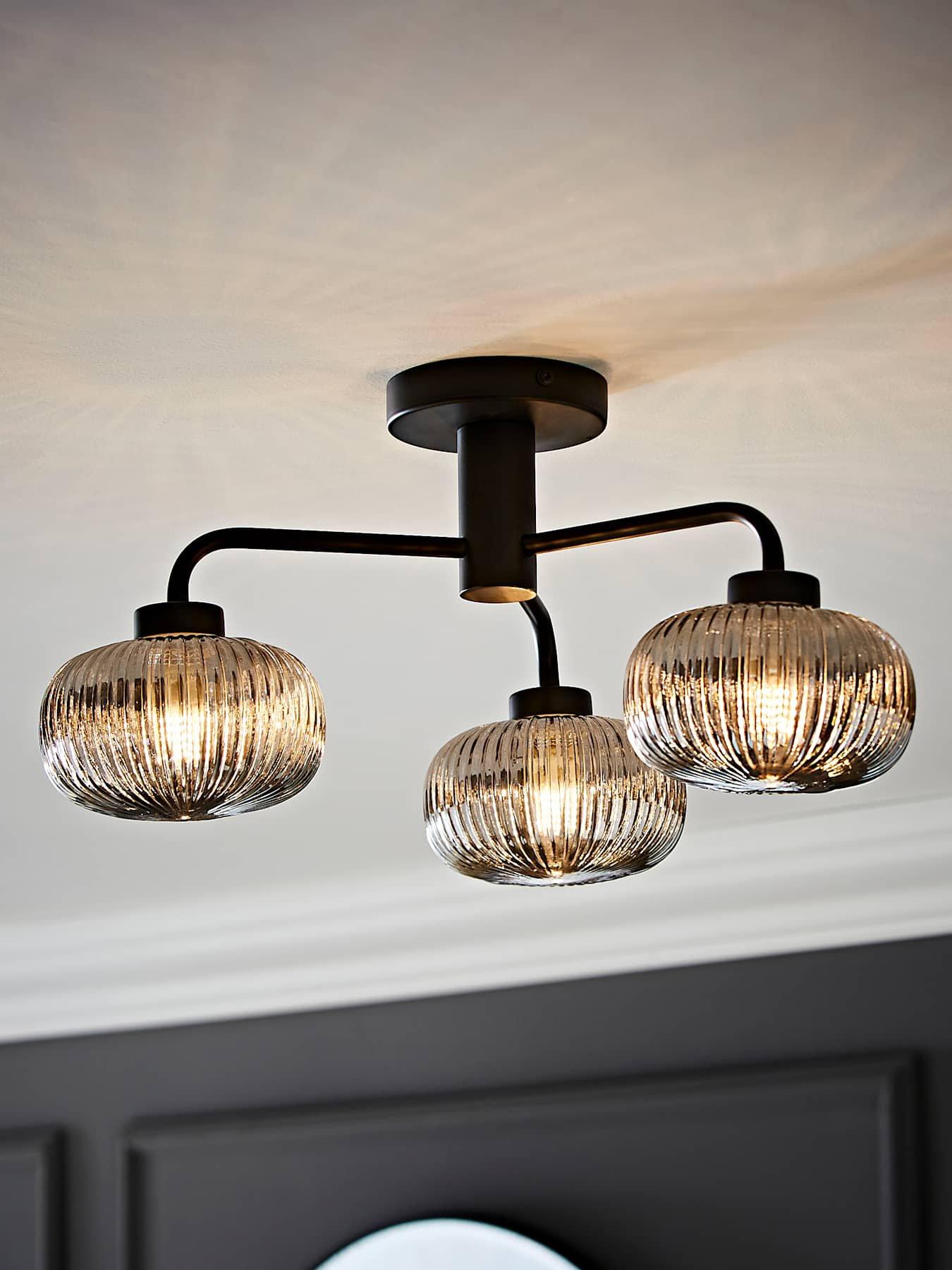 ValueLights Amaia Matte Black IP44 Rated 3 Way Smoked Ribbed Glass Ceiling Light