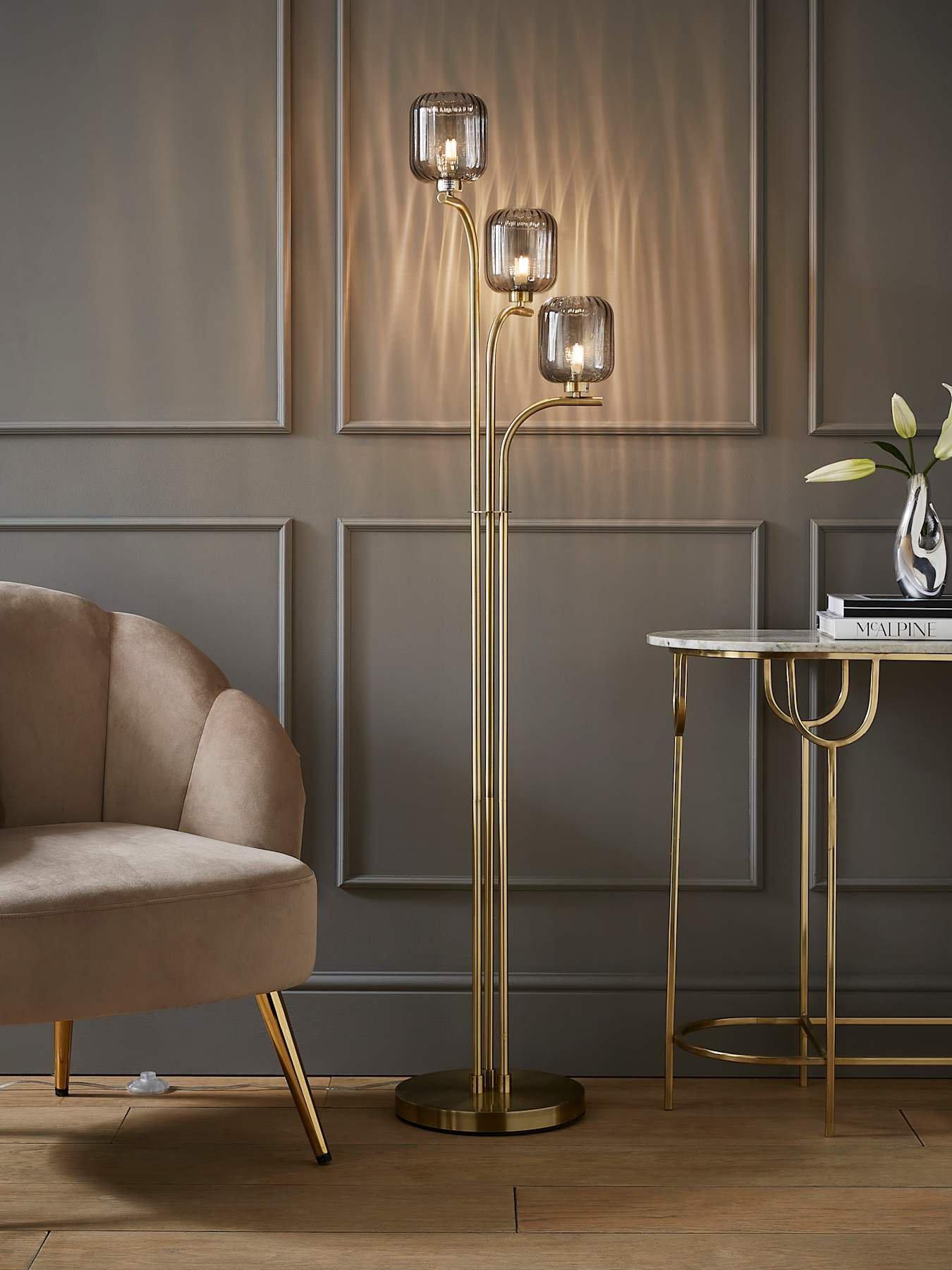 ValueLights Amelie Gold Stem 3 Way Ribbed Glass Shade Floor Lamp