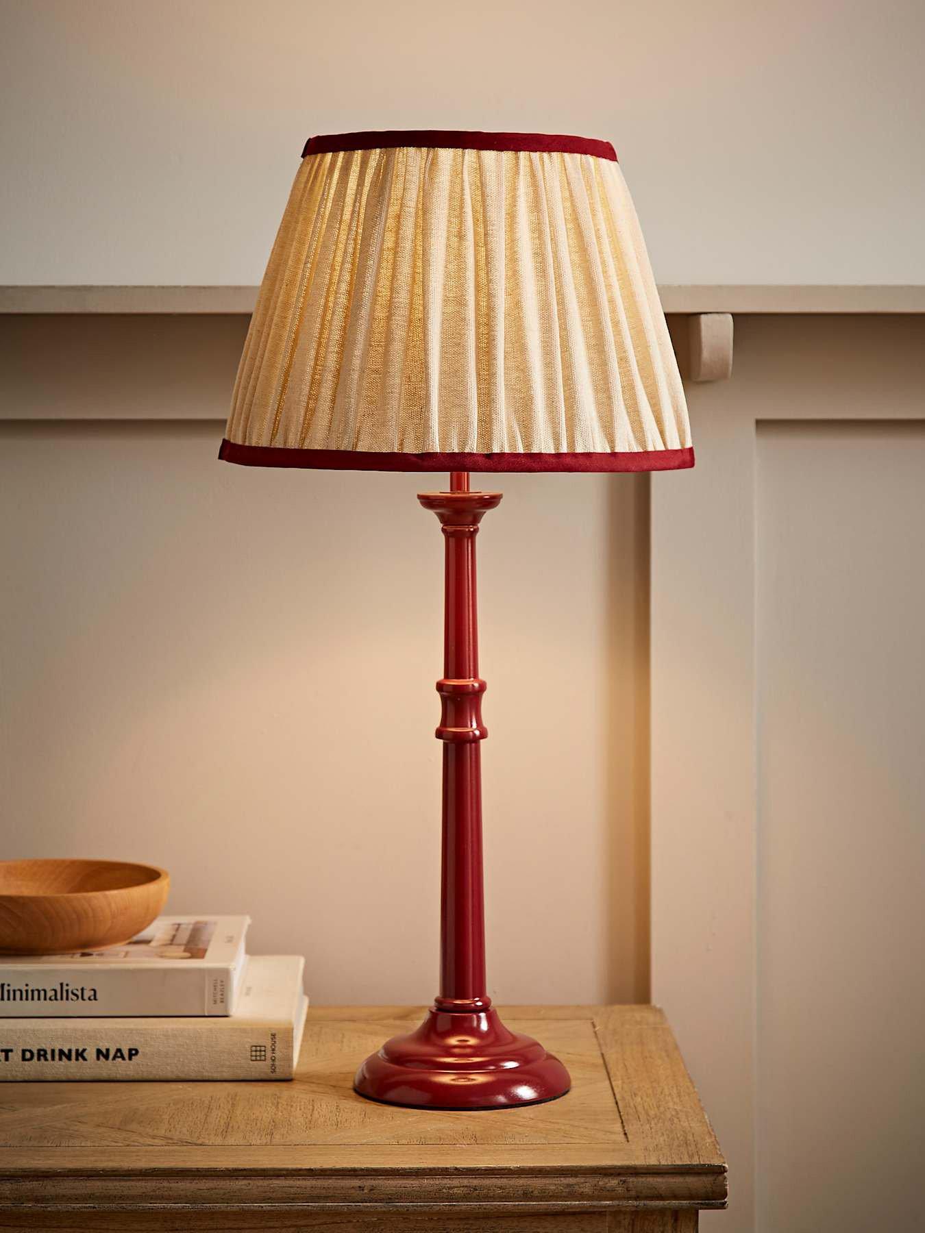 ValueLights Clara Burgundy Candlestick Table Lamp with Linen Pleated Shade