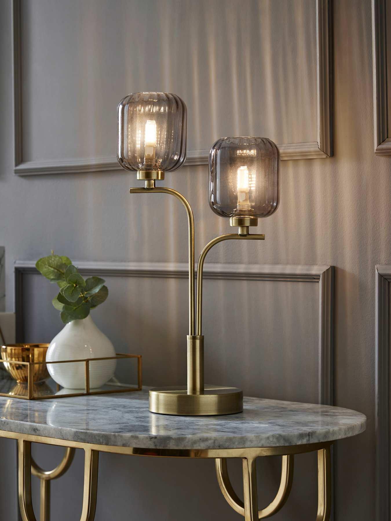 Image 1 of 7 of ValueLights Amelie Gold 2 Way Table Lamp with Smoked Ribbed Glass Shades